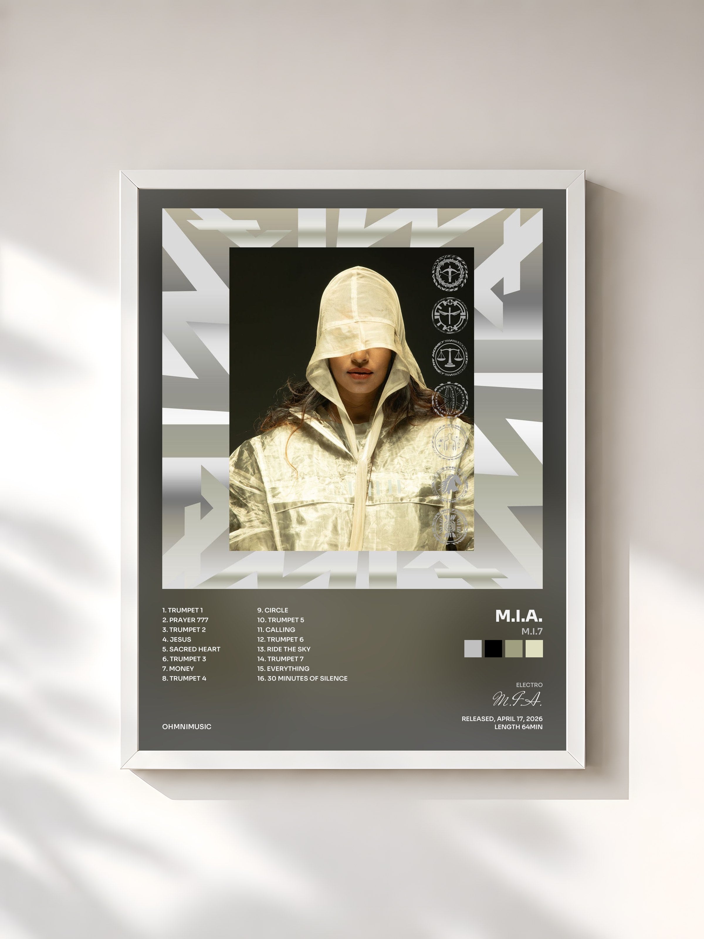 #blanc Tableau de l'album M.I.7 de M.I.A., cadre blanc, imprimé et encadré en France