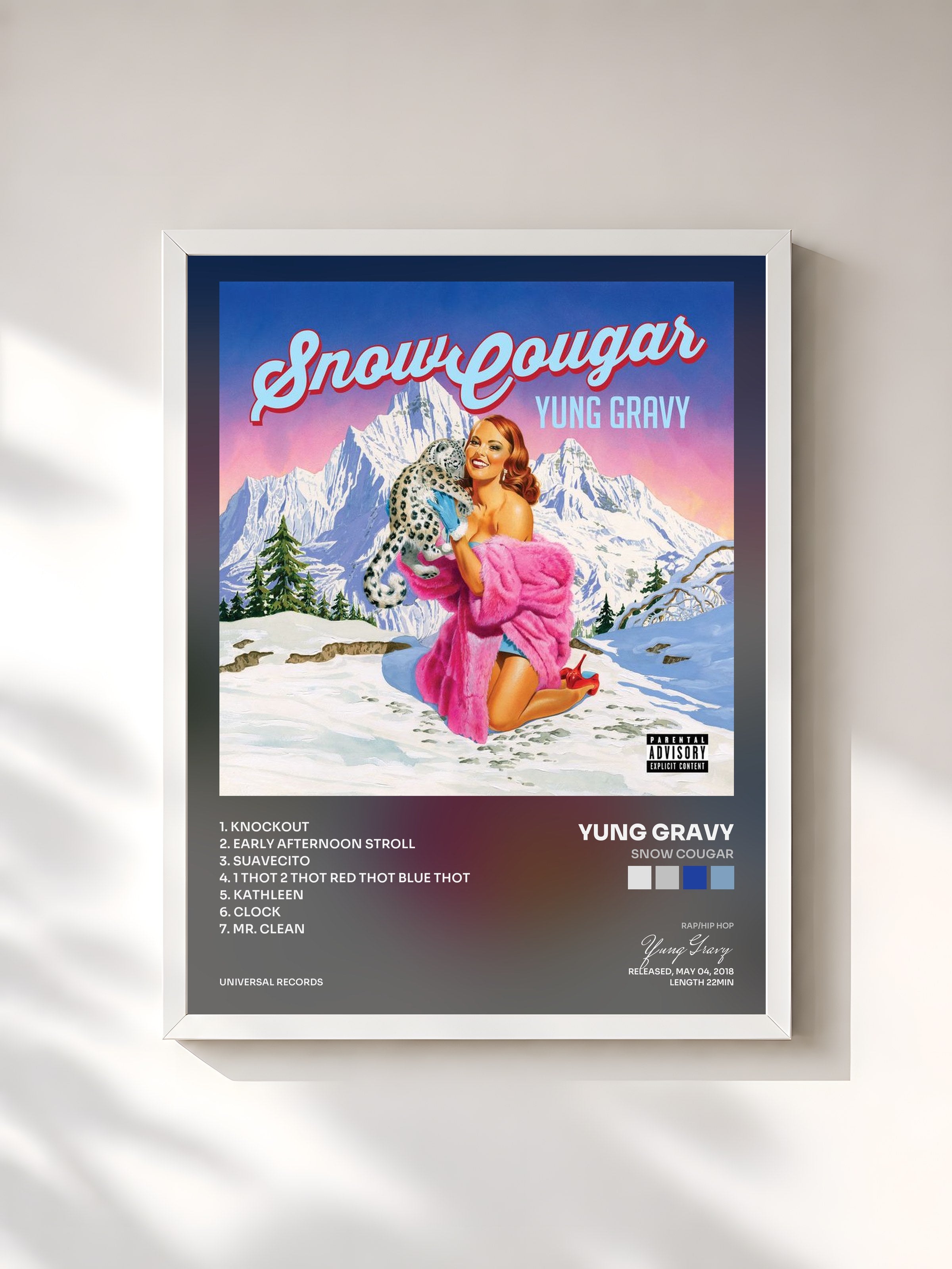 #blanc Tableau de l'album Snow Cougar de Yung Gravy, cadre blanc, imprimé et encadré en France