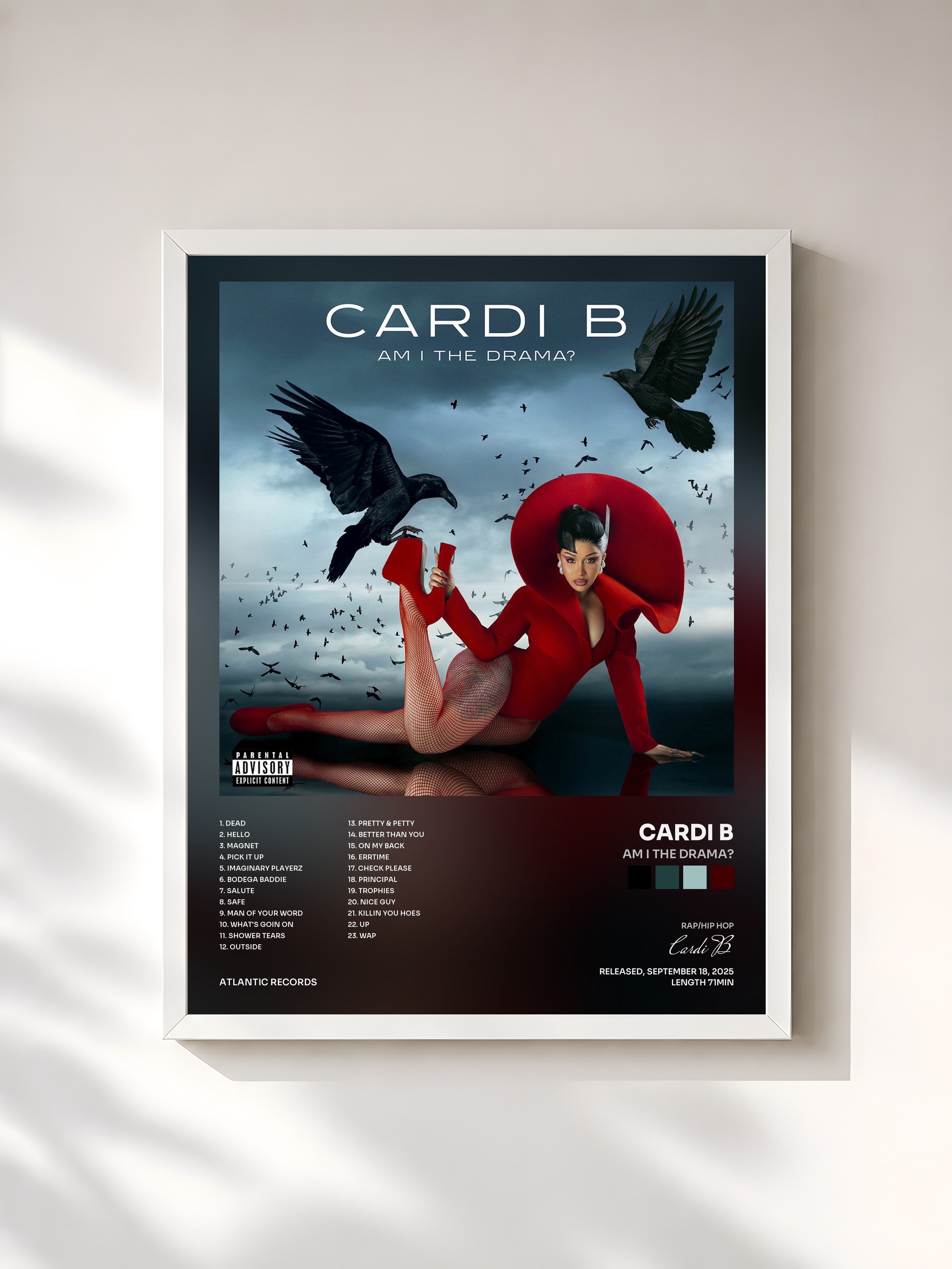 #blanc Tableau de l'album AM I THE DRAMA? de Cardi B, cadre blanc, imprimé et encadré en France