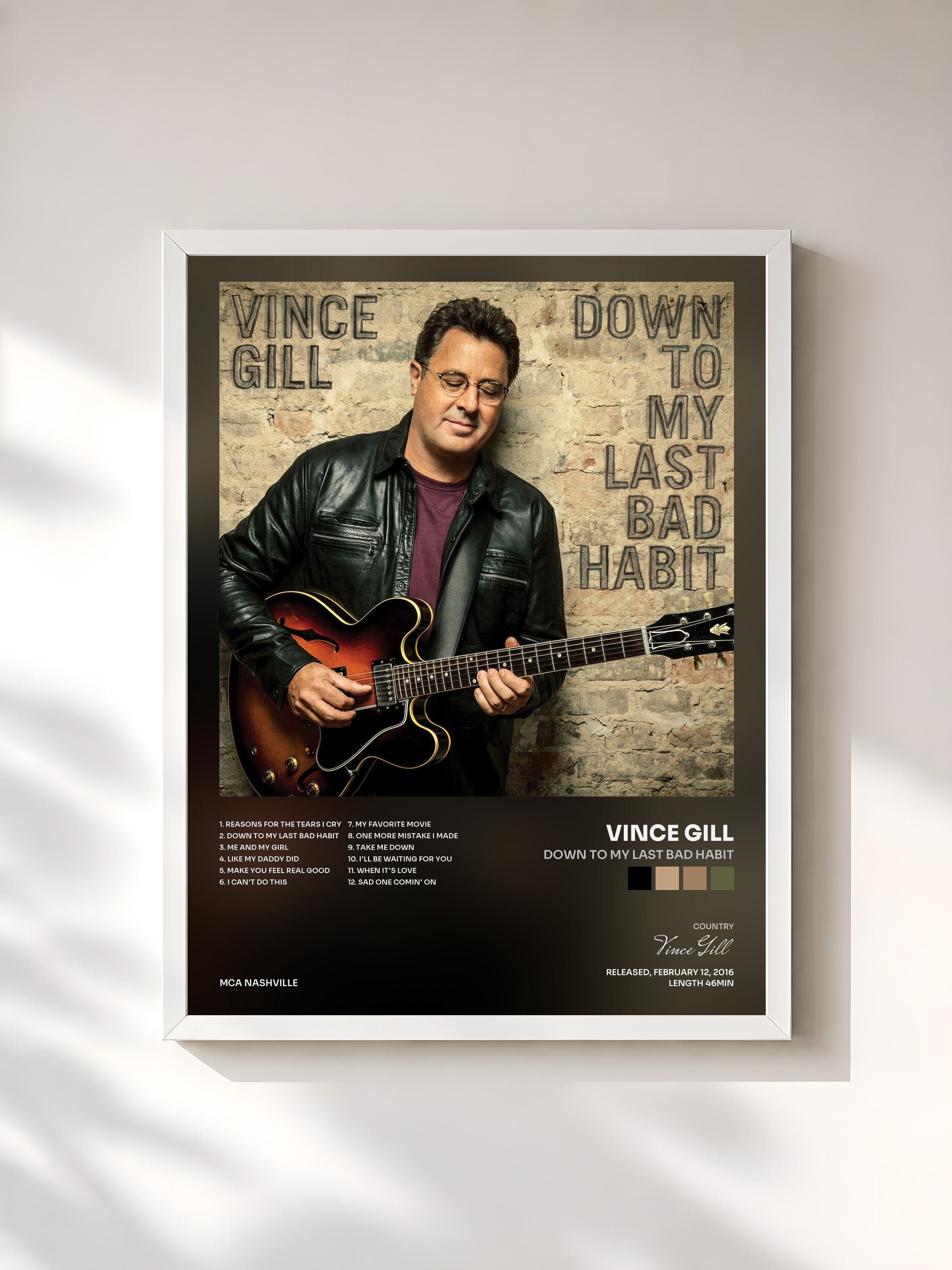 #blanc Tableau de l'album Down To My Last Bad Habit de Vince Gill, cadre blanc, imprimé et encadré en France