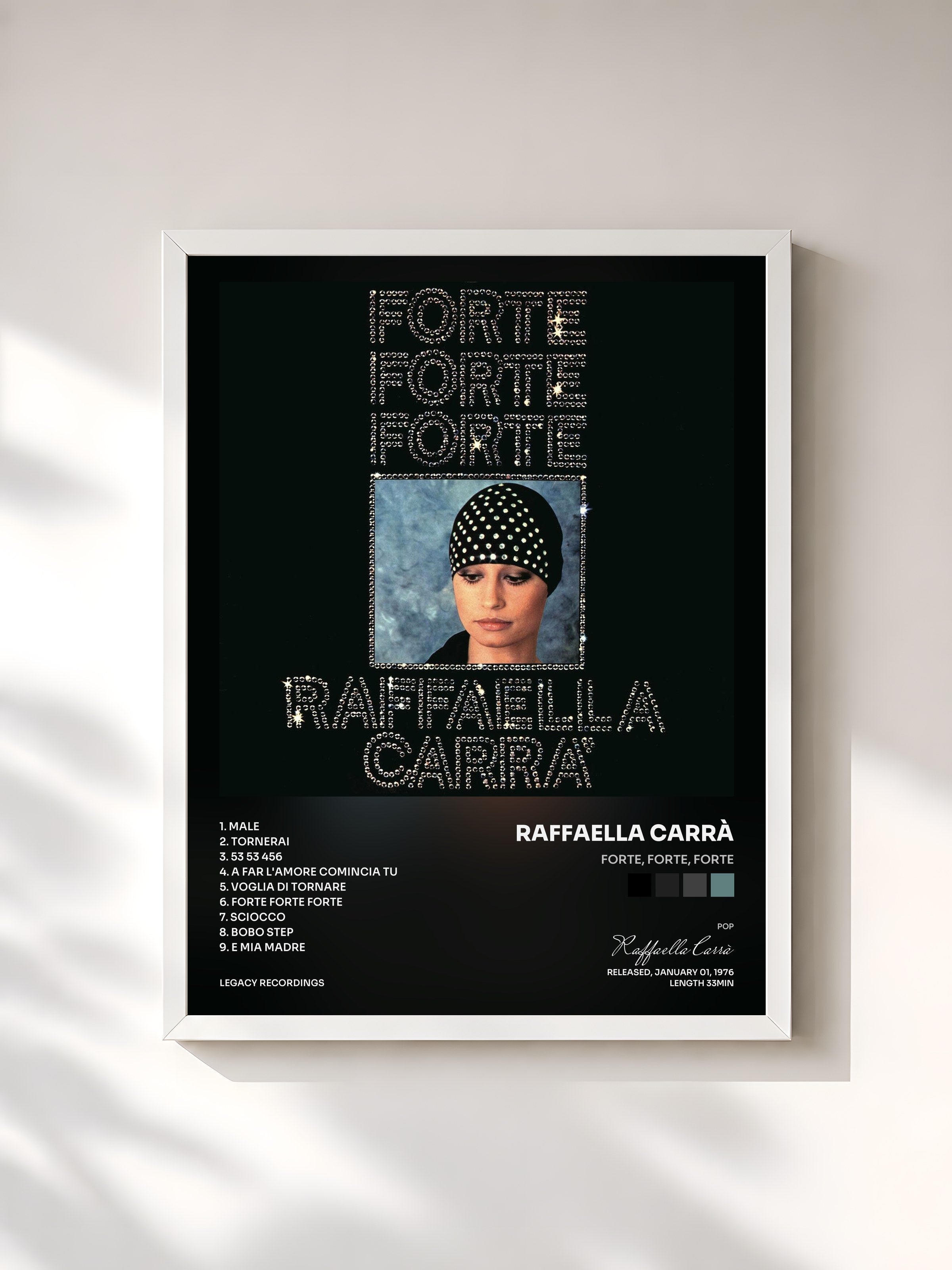 #blanc Tableau de l'album Forte, forte, forte de Raffaella Carrà, cadre blanc, imprimé et encadré en France