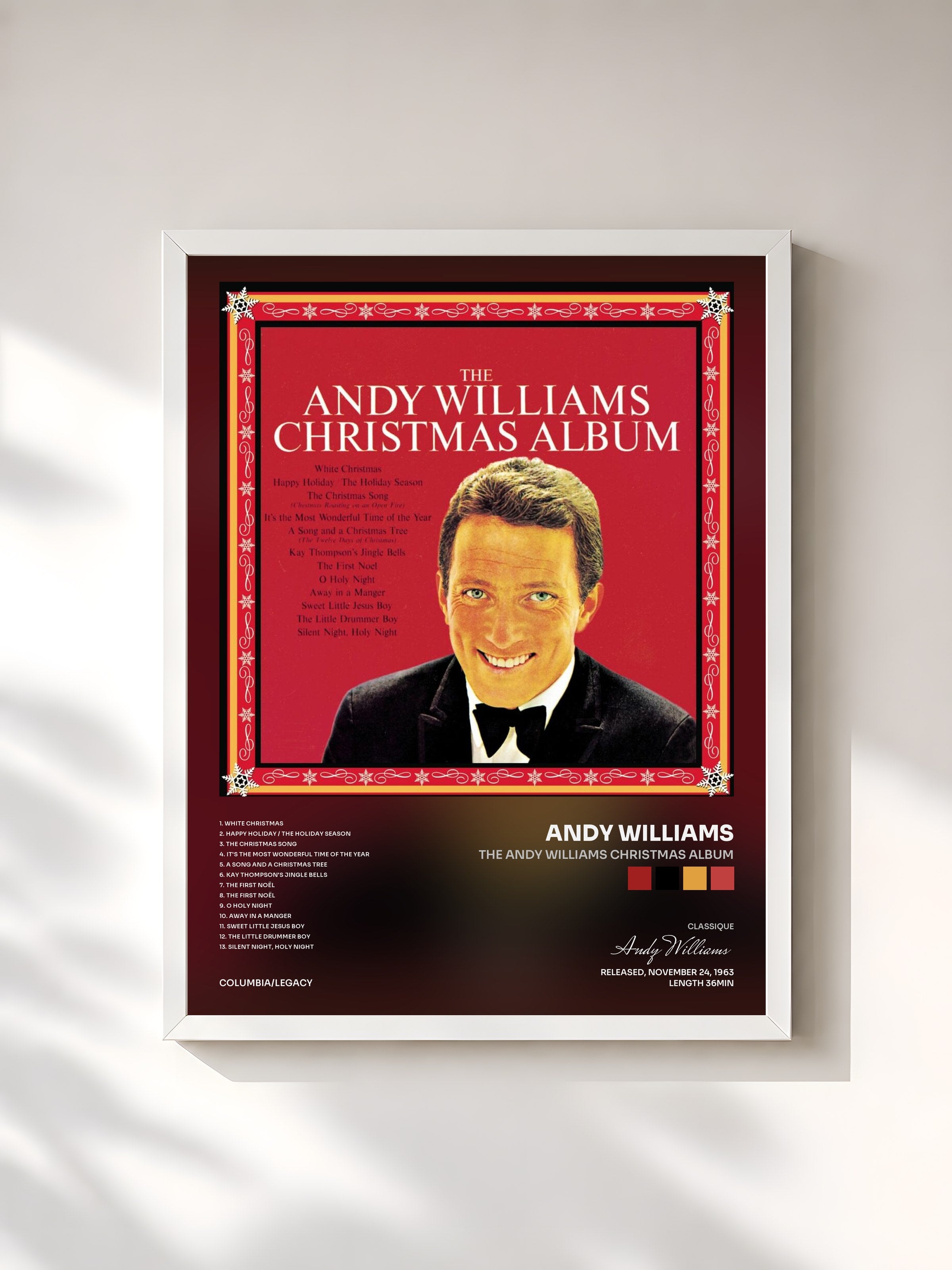 #blanc Tableau de l'album The Andy Williams Christmas Album de Andy Williams, cadre blanc, imprimé et encadré en France