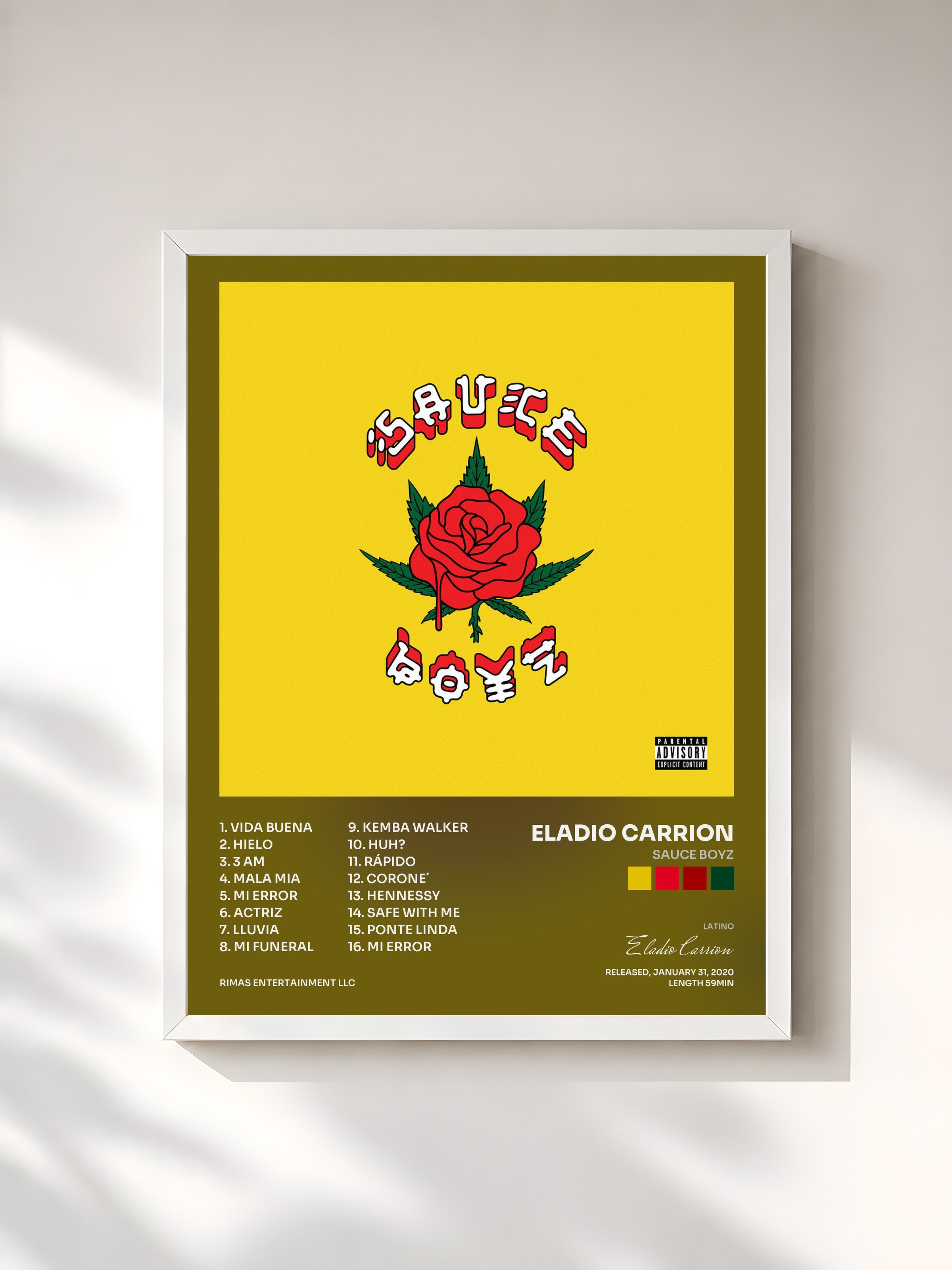 #blanc Tableau de l'album Sauce Boyz de Eladio Carrion, cadre blanc, imprimé et encadré en France