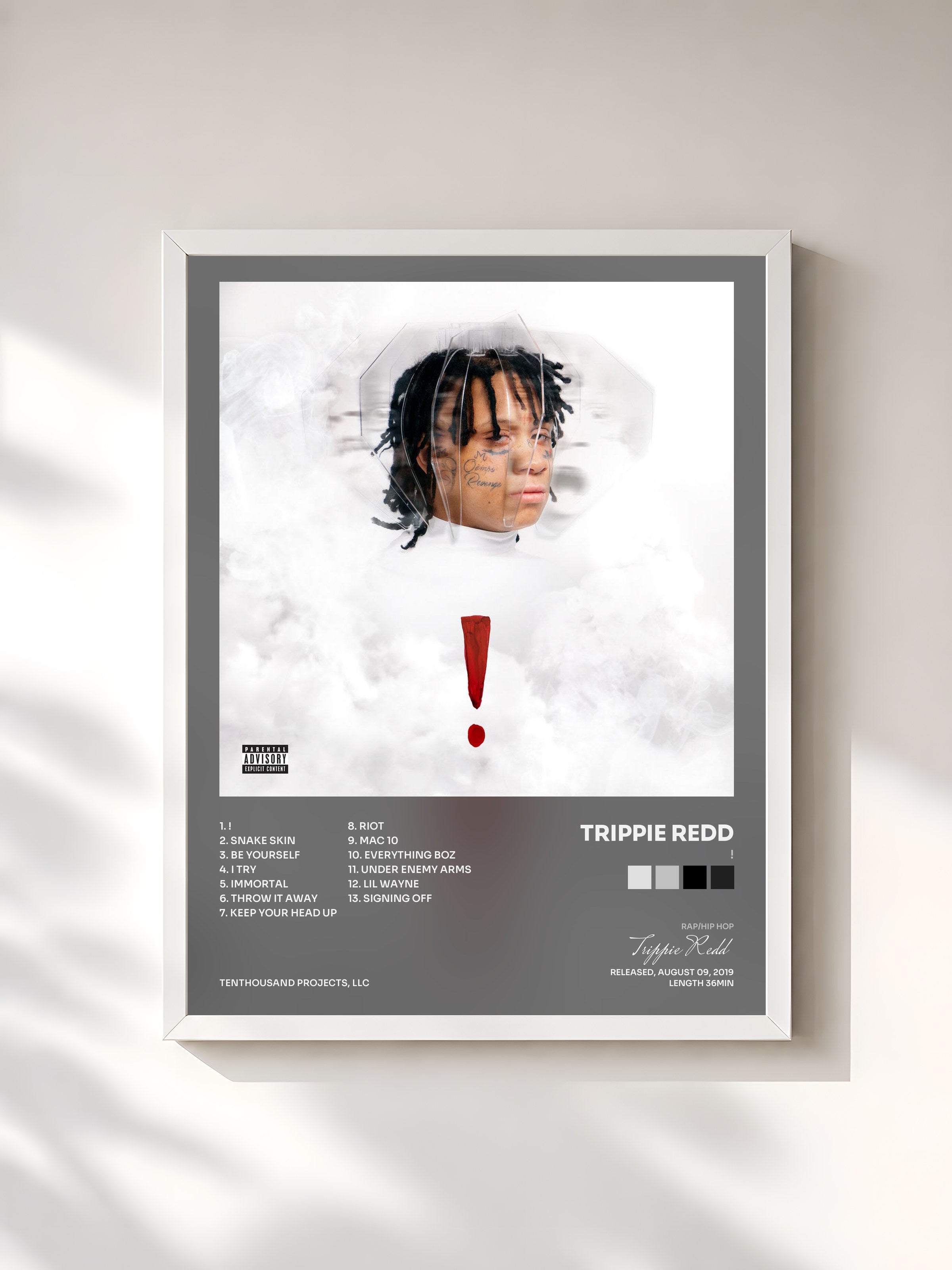 #blanc Tableau de l'album ! de Trippie Redd, cadre blanc, imprimé et encadré en France