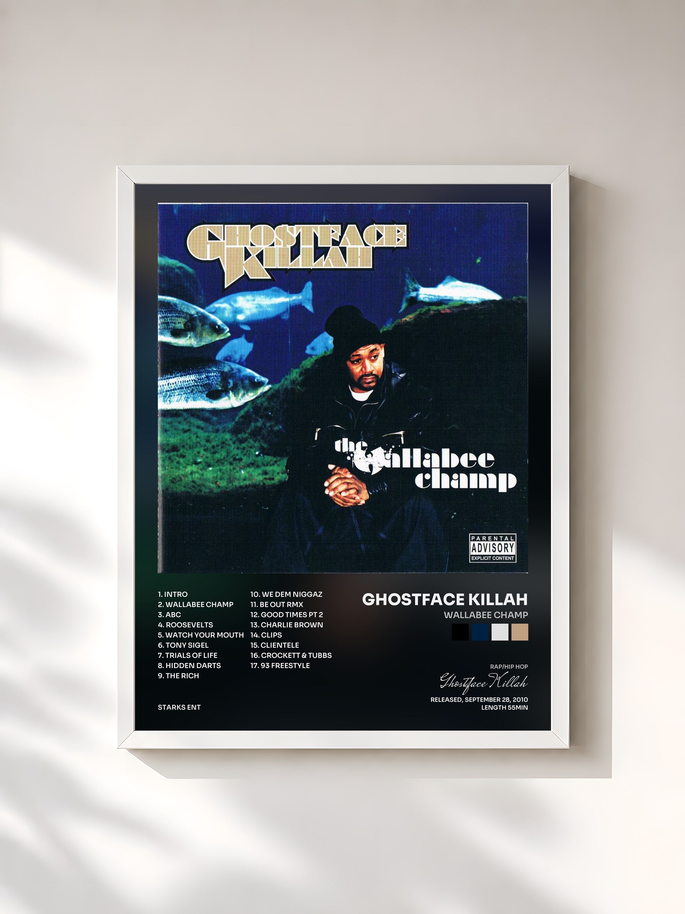 #blanc Tableau de l'album Wallabee Champ de Ghostface Killah, cadre blanc, imprimé et encadré en France