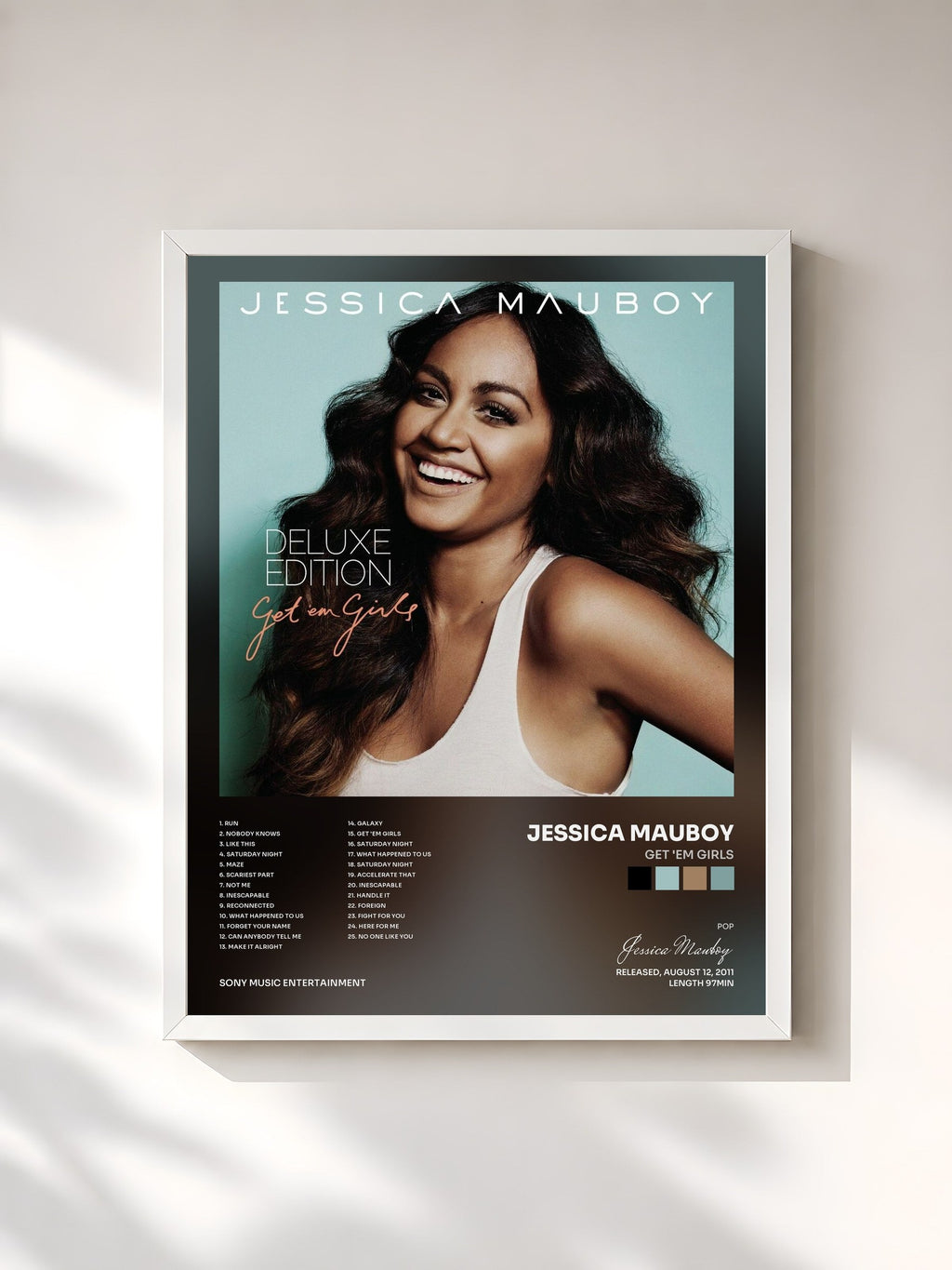 #blanc Tableau de l'album Get 'Em Girls de Jessica Mauboy, cadre blanc, imprimé et encadré en France