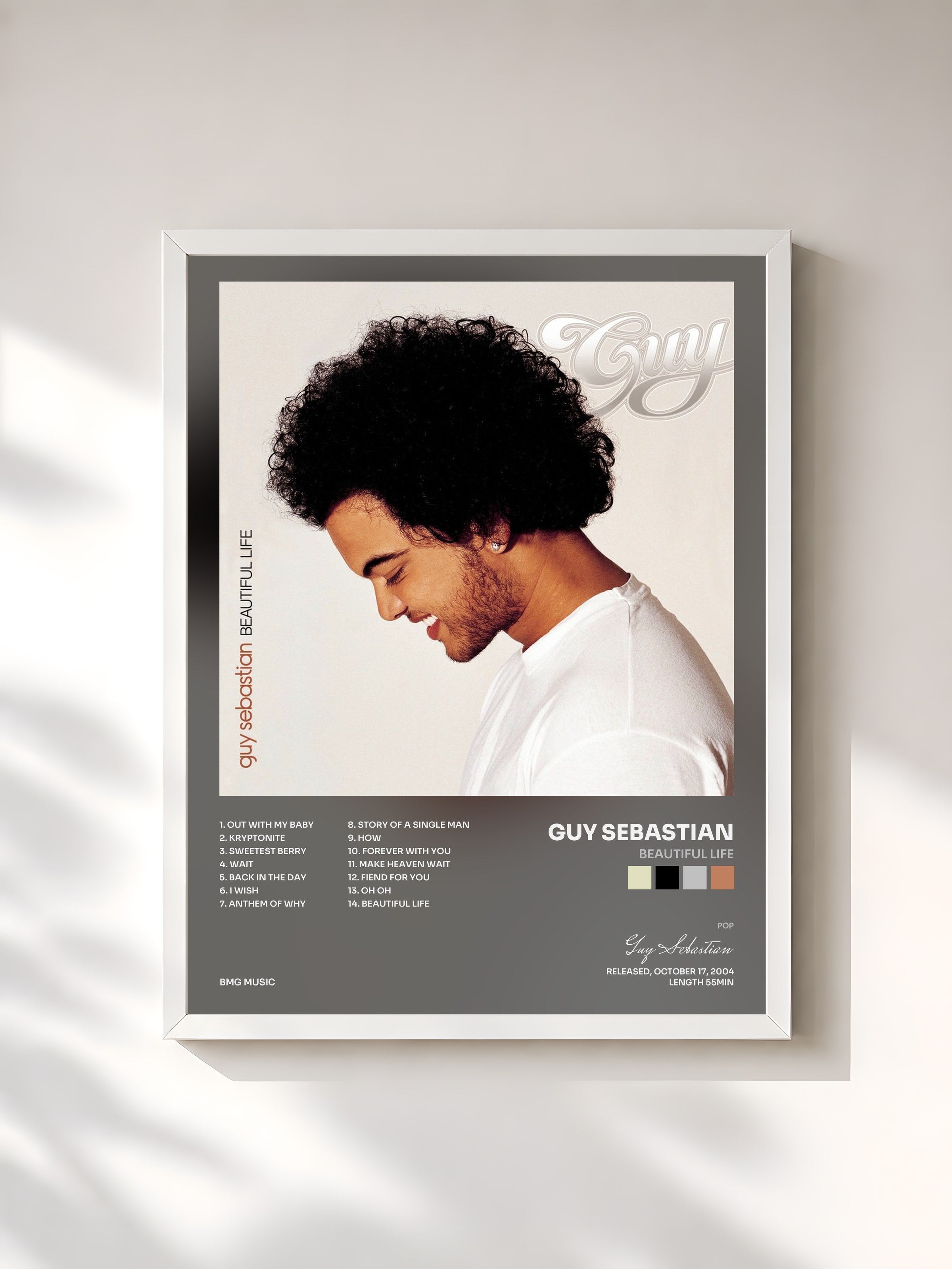 #blanc Tableau de l'album Beautiful Life de Guy Sebastian, cadre blanc, imprimé et encadré en France