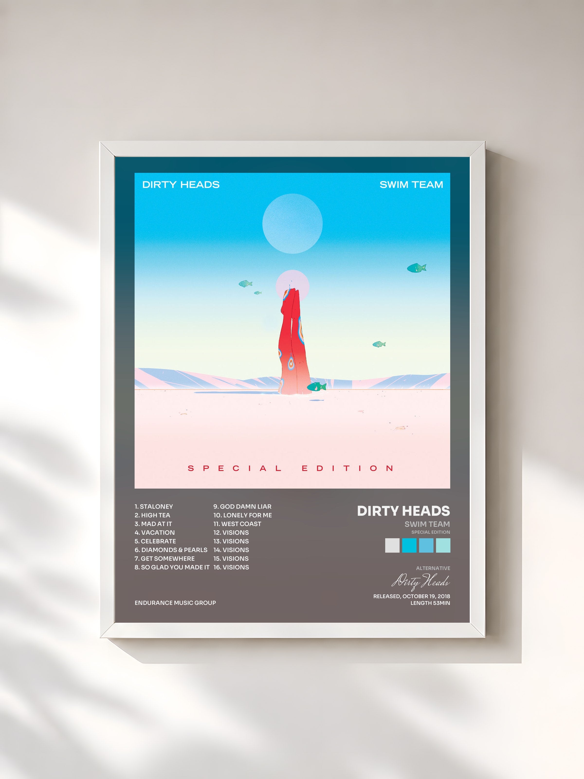 #blanc Tableau de l'album SWIM TEAM (Special Edition) de Dirty Heads, cadre blanc, imprimé et encadré en France