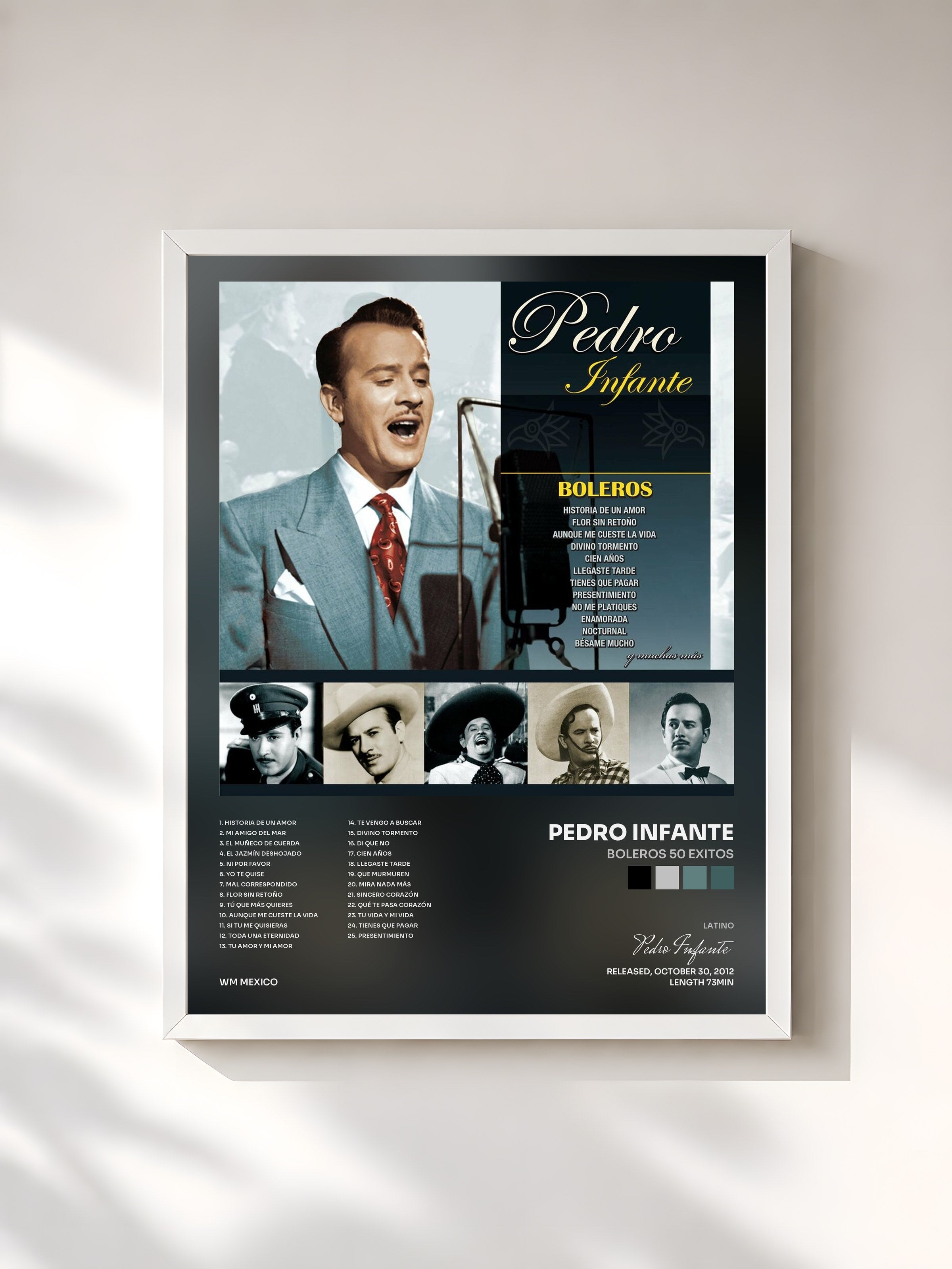 #blanc Tableau de l'album Boleros 50 Exitos de Pedro Infante, cadre blanc, imprimé et encadré en France