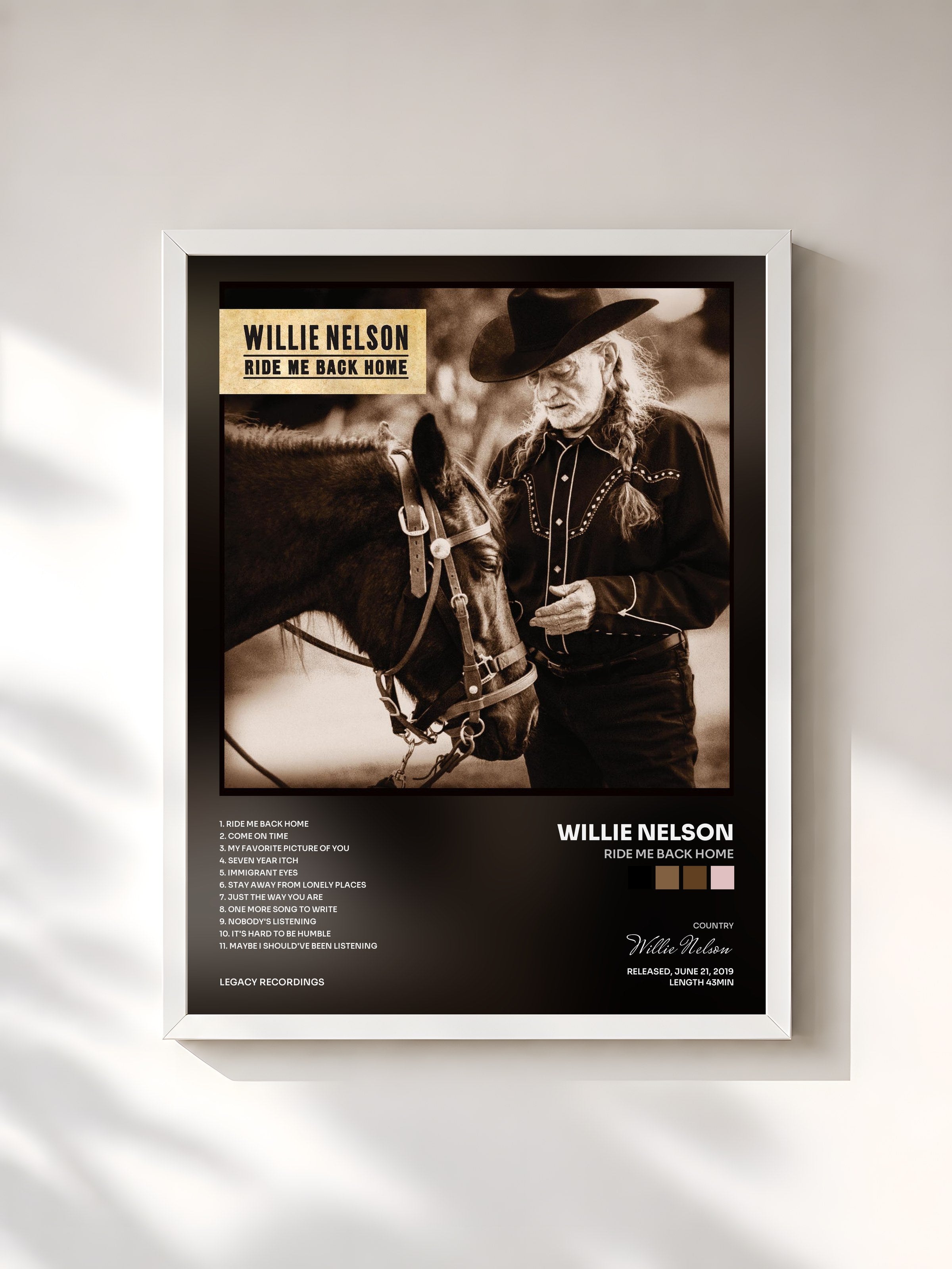 #blanc Tableau de l'album Ride Me Back Home de Willie Nelson, cadre blanc, imprimé et encadré en France