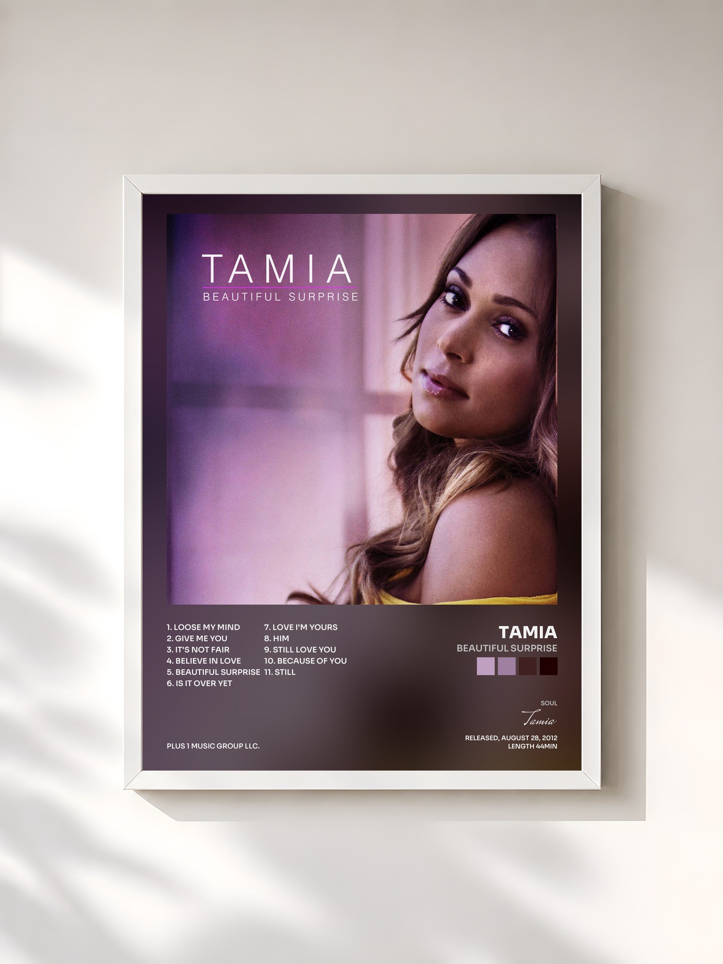 #blanc Tableau de l'album Beautiful Surprise de Tamia, cadre blanc, imprimé et encadré en France