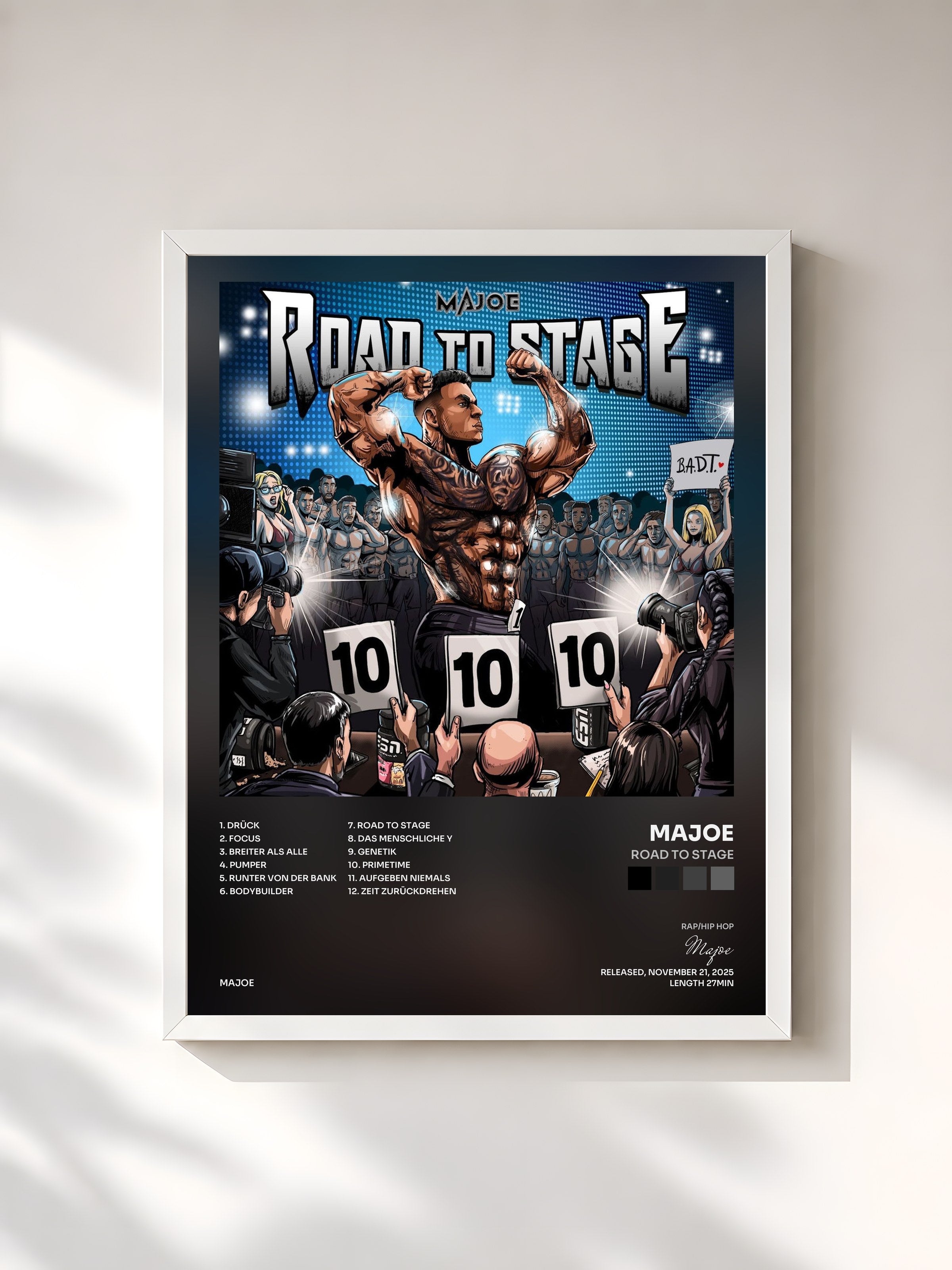 #blanc Tableau de l'album Road to Stage de Majoe, cadre blanc, imprimé et encadré en France