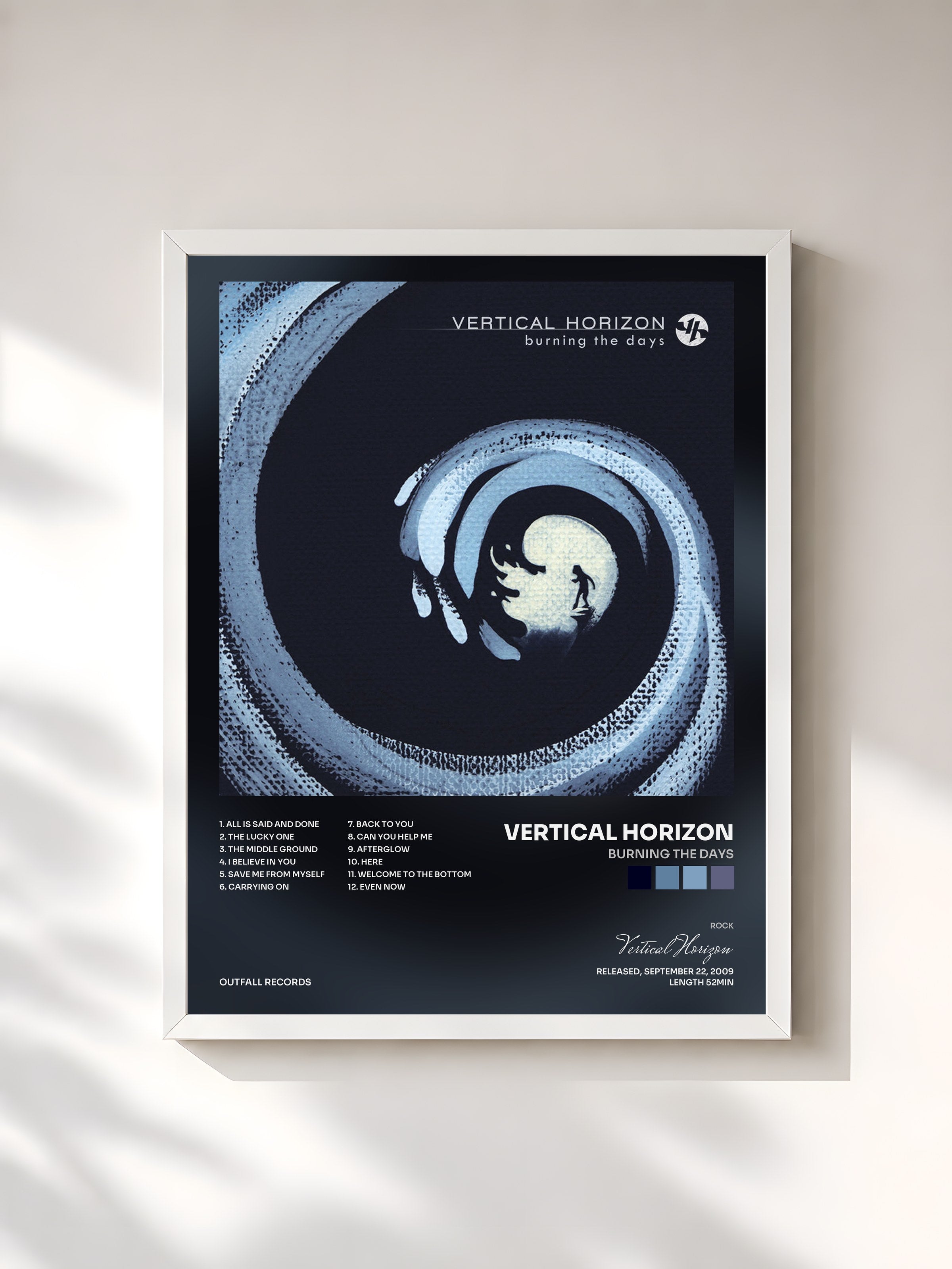 #blanc Tableau de l'album Burning the Days de Vertical Horizon, cadre blanc, imprimé et encadré en France