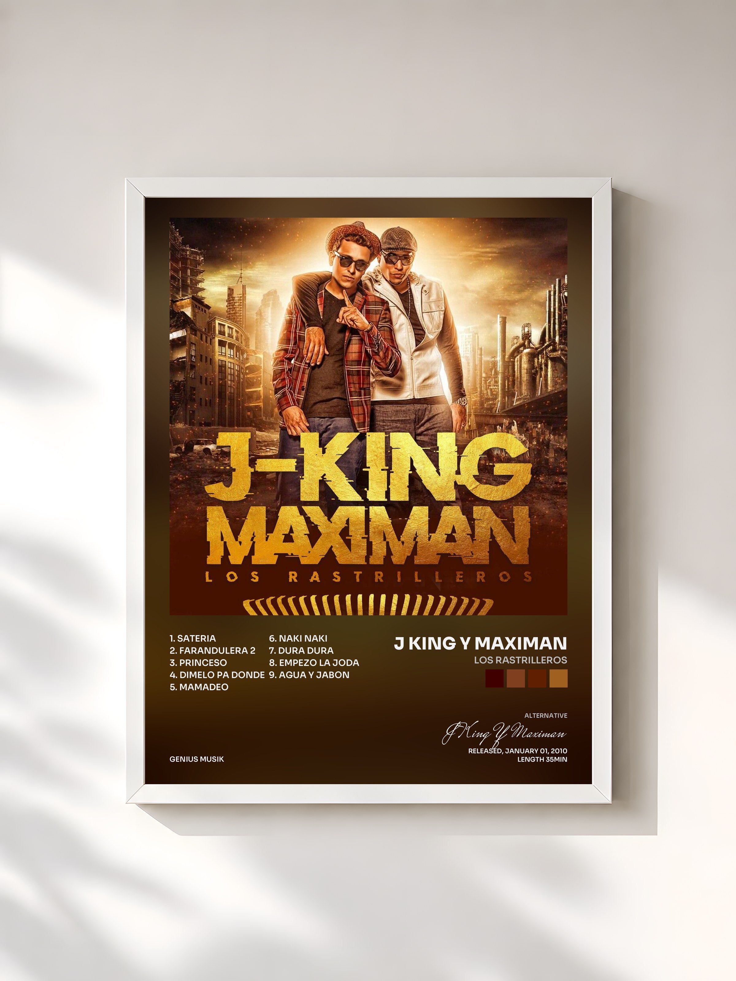 #blanc Tableau de l'album Los Rastrilleros de J King Y Maximan, cadre blanc, imprimé et encadré en France