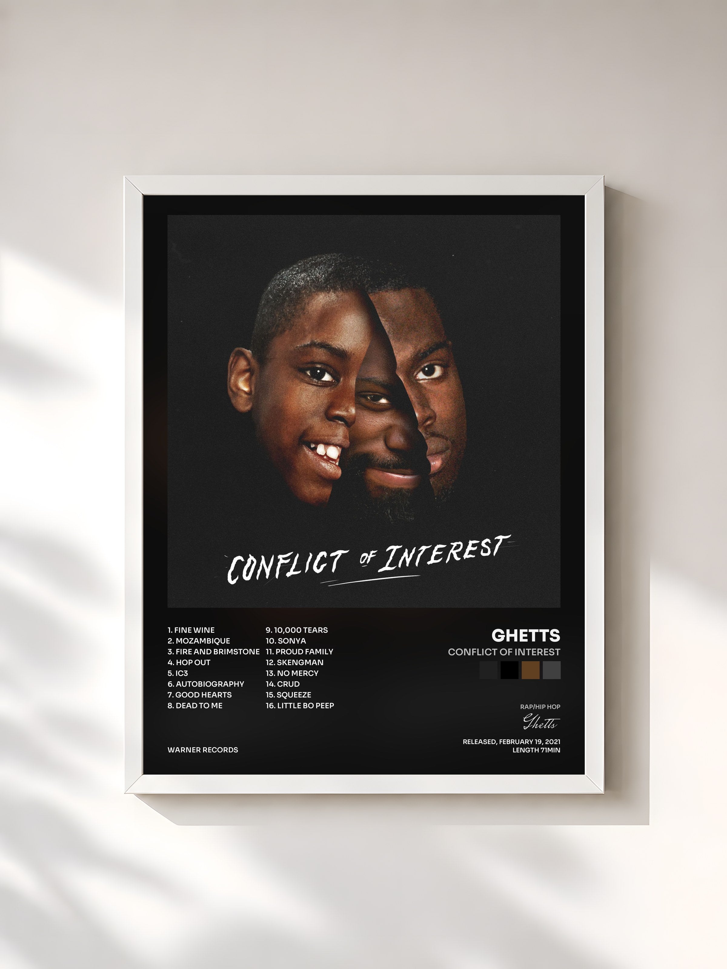 #blanc Tableau de l'album Conflict Of Interest de Ghetts, cadre blanc, imprimé et encadré en France