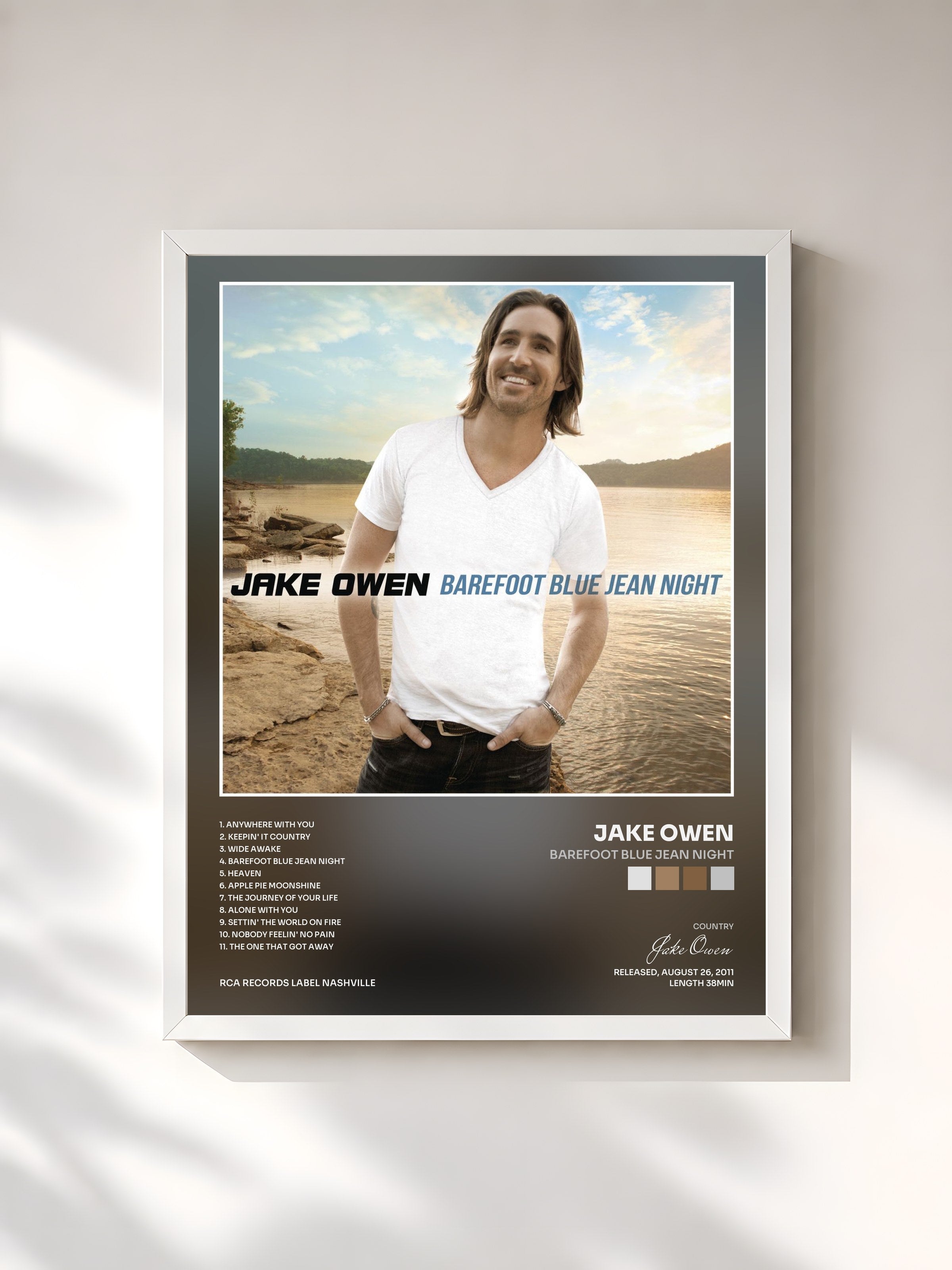 #blanc Tableau de l'album Barefoot Blue Jean Night de Jake Owen, cadre blanc, imprimé et encadré en France
