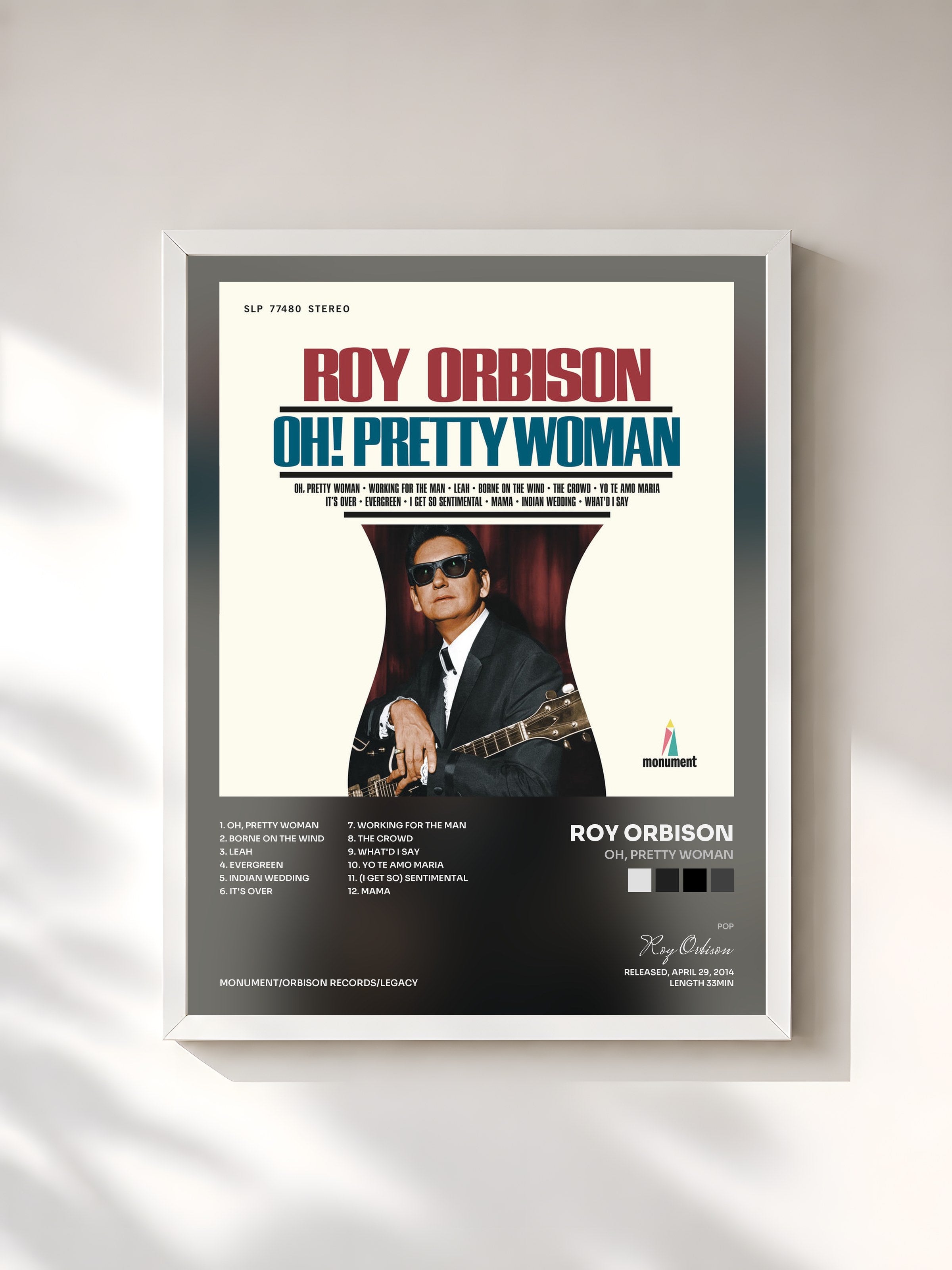#blanc Tableau de l'album Oh, Pretty Woman de Roy Orbison, cadre blanc, imprimé et encadré en France
