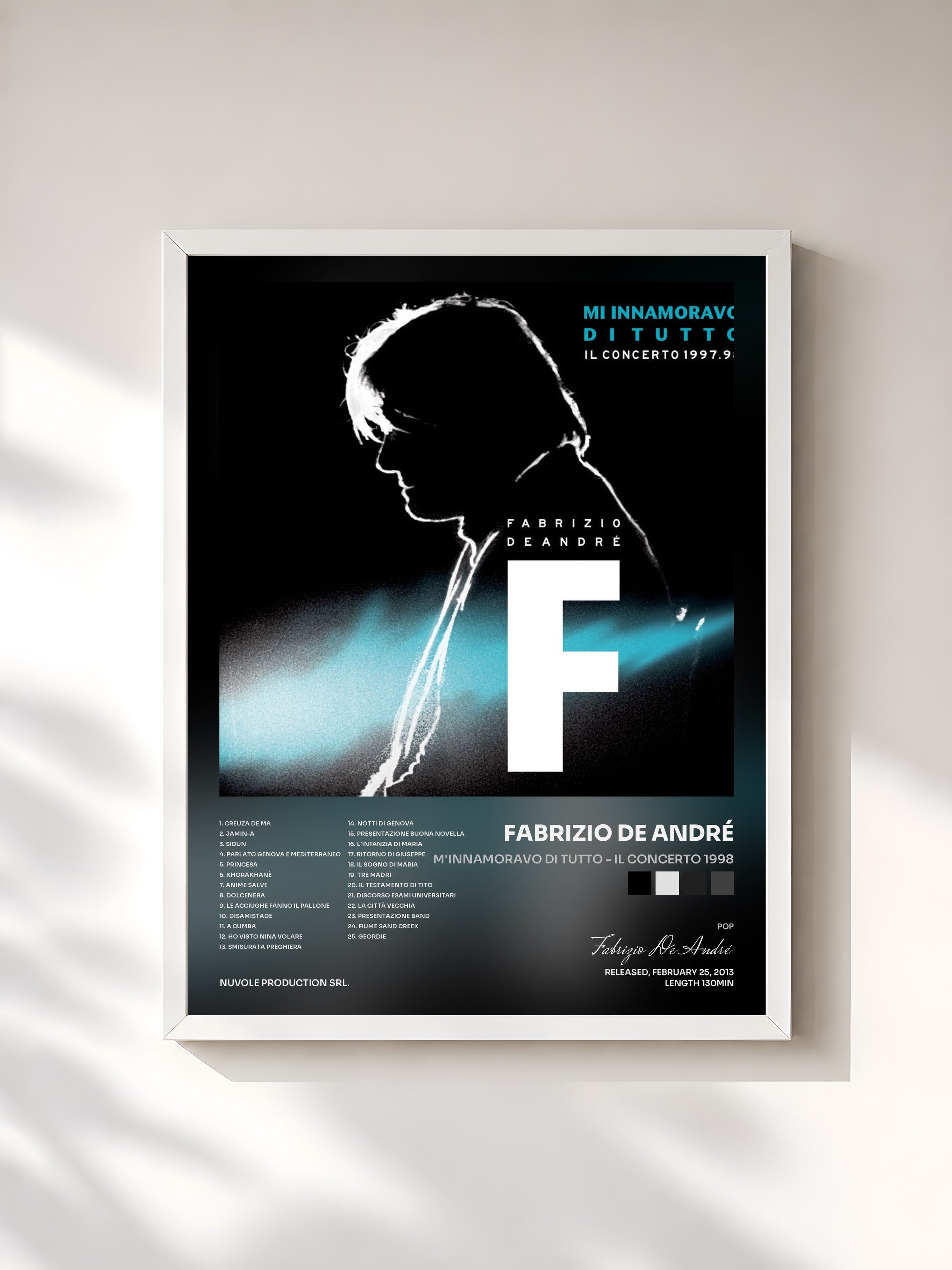 #blanc Tableau de l'album M'innamoravo di tutto - Il concerto 1998 de Fabrizio De André, cadre blanc, imprimé et encadré en France