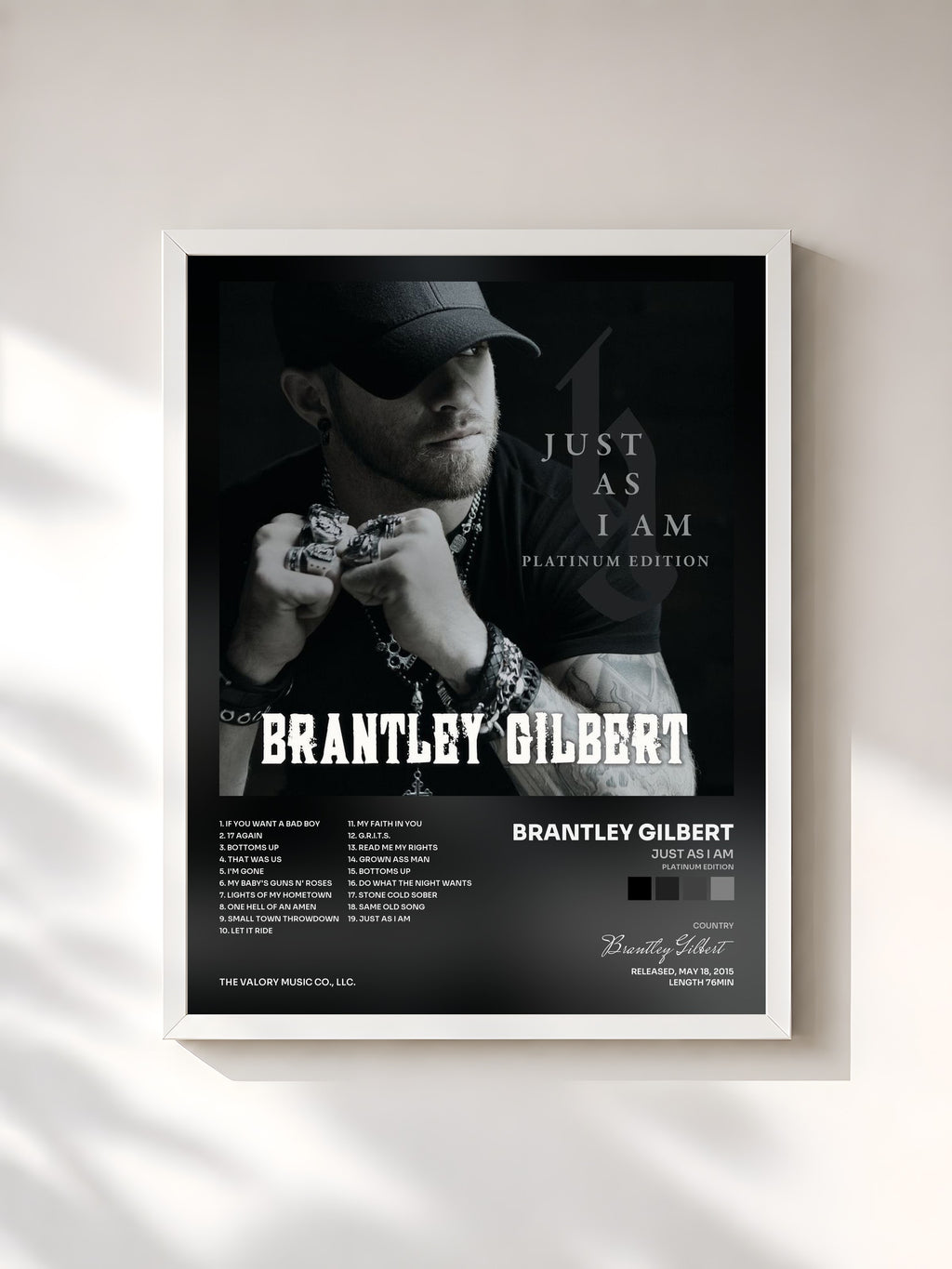 #blanc Tableau de l'album Just As I Am (Platinum Edition) de Brantley Gilbert, cadre blanc, imprimé et encadré en France