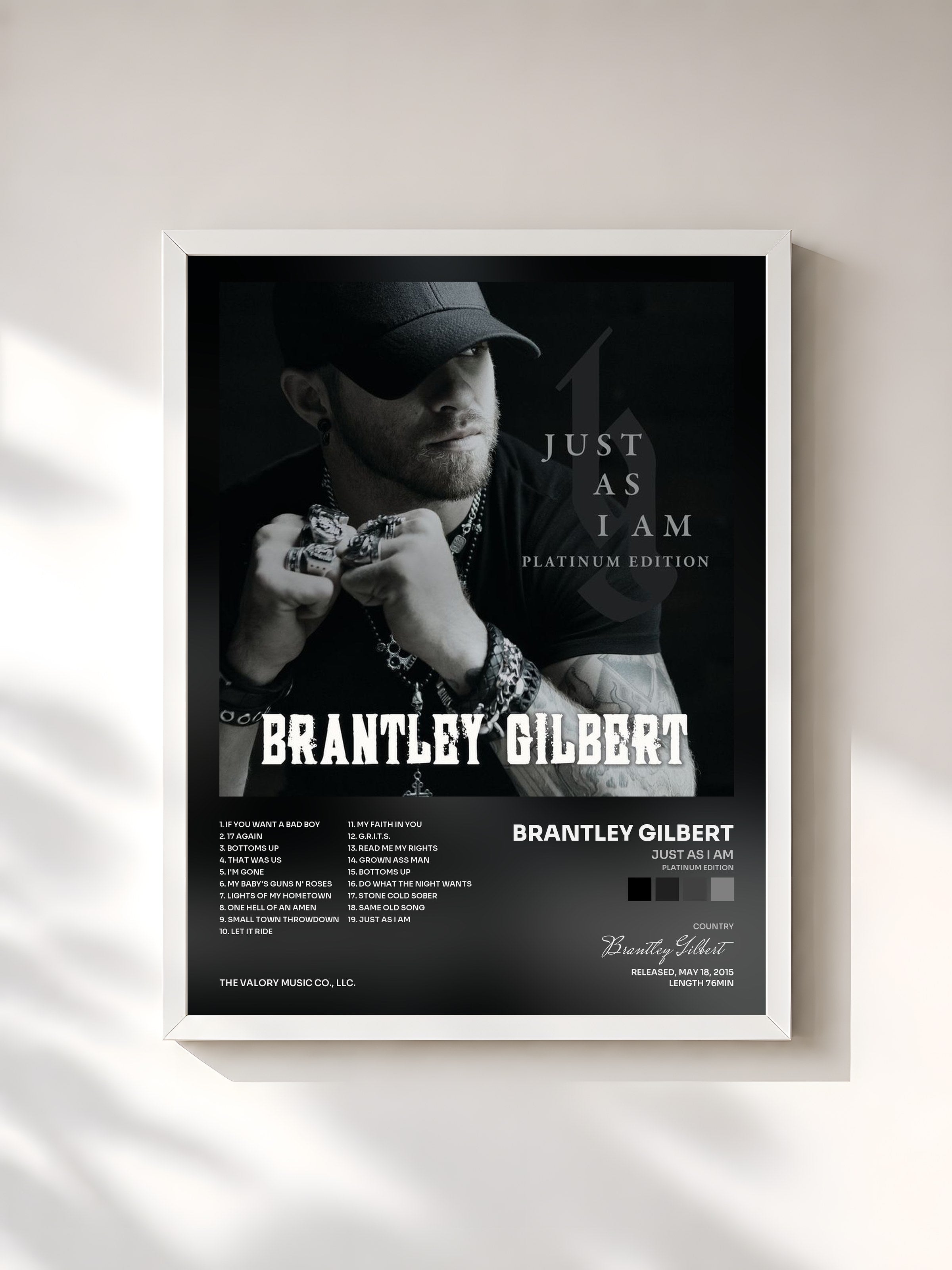 #blanc Tableau de l'album Just As I Am (Platinum Edition) de Brantley Gilbert, cadre blanc, imprimé et encadré en France