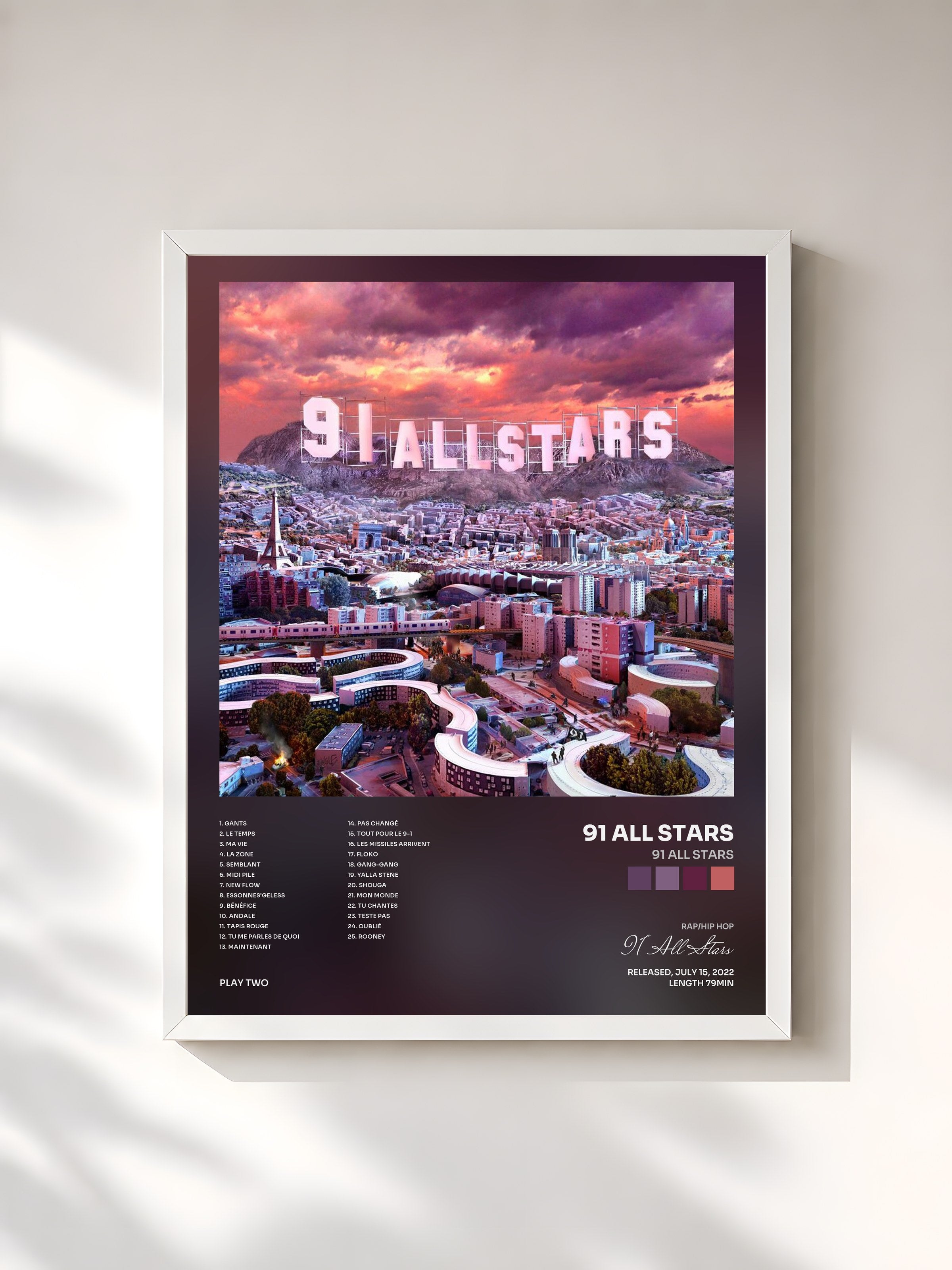#blanc Tableau de l'album 91 ALL STARS de 91 All Stars, cadre blanc, imprimé et encadré en France