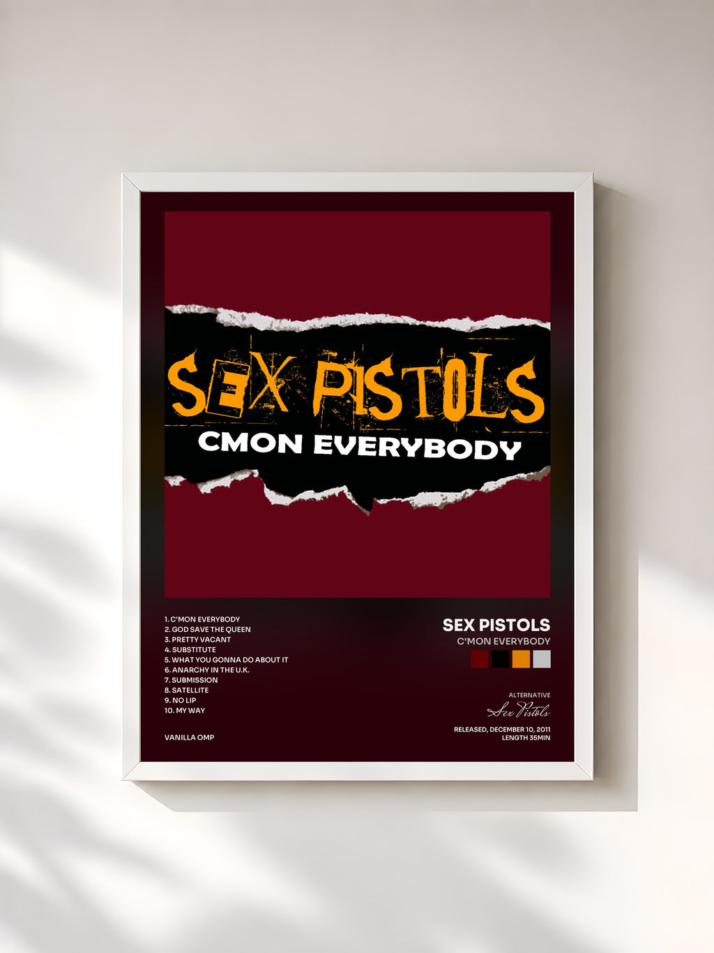 #blanc Tableau de l'album C'mon Everybody de Sex Pistols, cadre blanc, imprimé et encadré en France