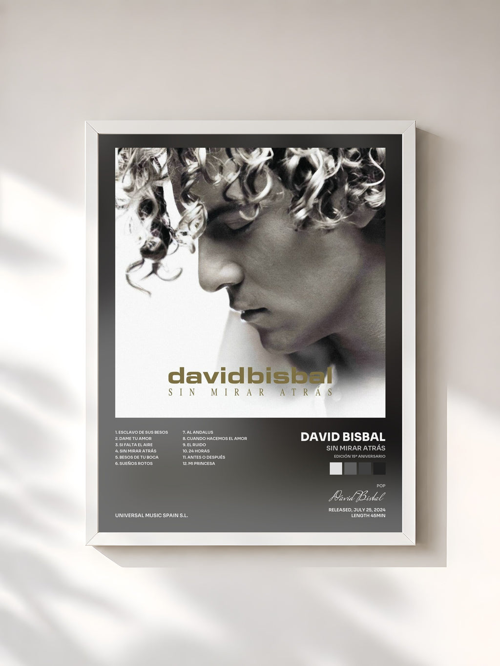 #blanc Tableau de l'album Sin Mirar Atrás (Edición 15º Aniversario) de David Bisbal, cadre blanc, imprimé et encadré en France