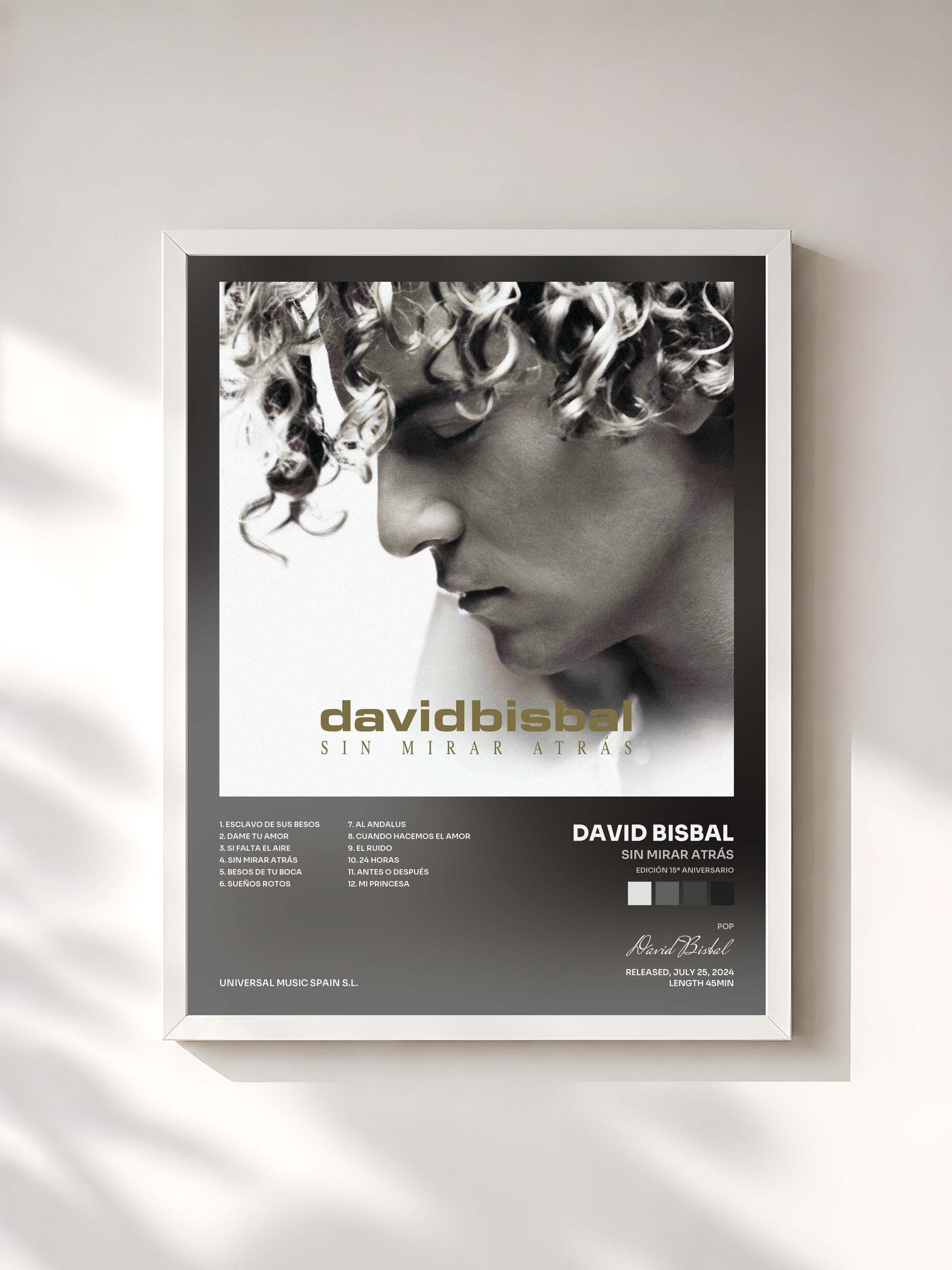 #blanc Tableau de l'album Sin Mirar Atrás (Edición 15º Aniversario) de David Bisbal, cadre blanc, imprimé et encadré en France