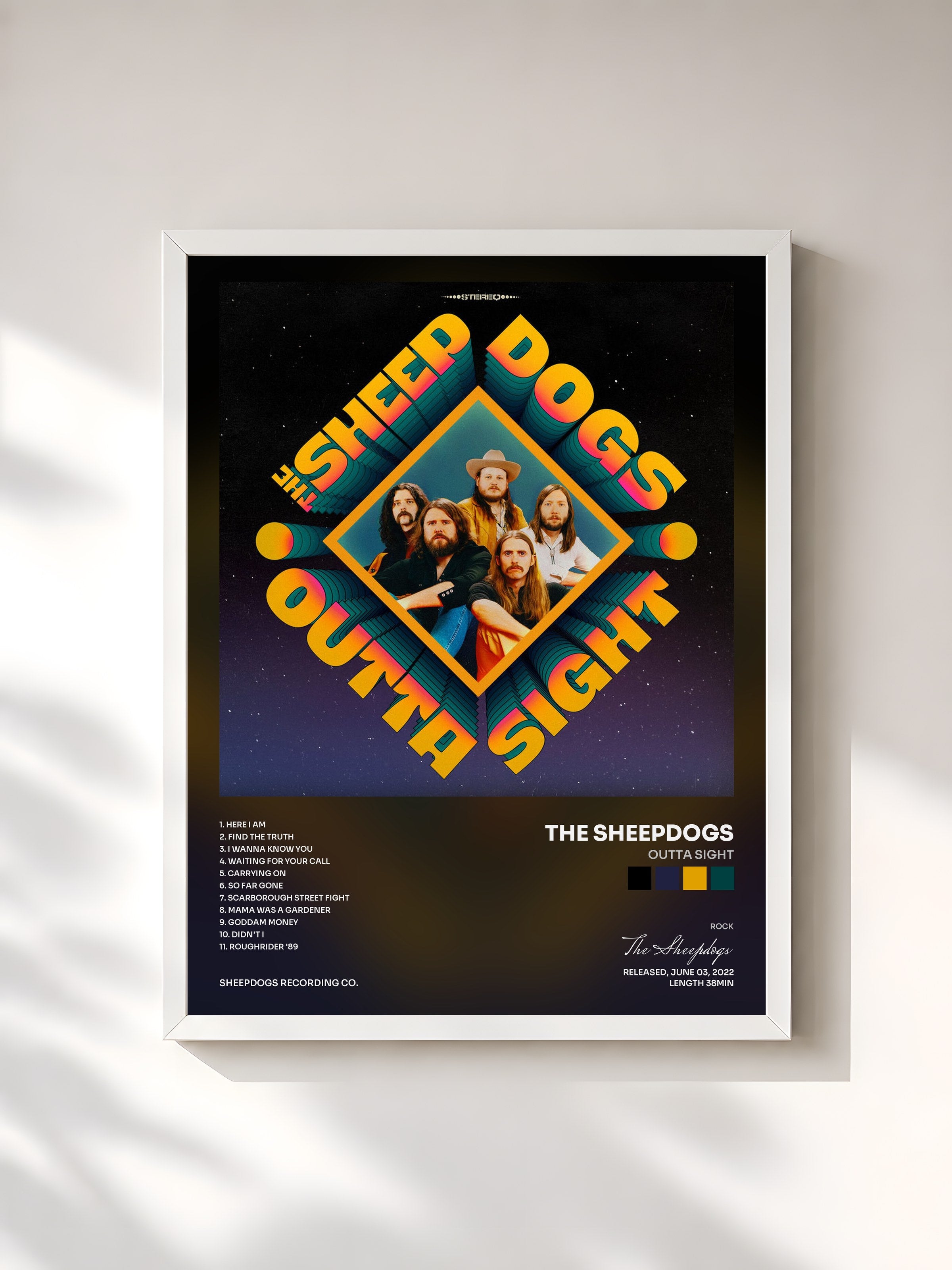 #blanc Tableau de l'album Outta Sight de The Sheepdogs, cadre blanc, imprimé et encadré en France