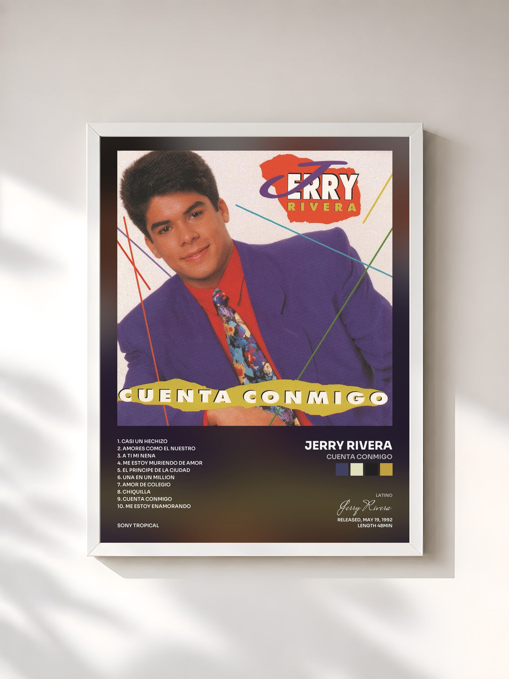 #blanc Tableau de l'album Cuenta Conmigo de Jerry Rivera, cadre blanc, imprimé et encadré en France