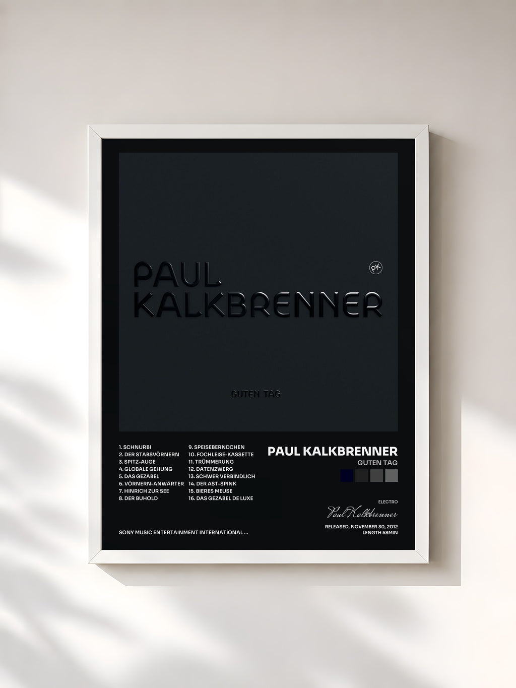 #blanc Tableau de l'album Guten Tag de Paul Kalkbrenner, cadre blanc, imprimé et encadré en France