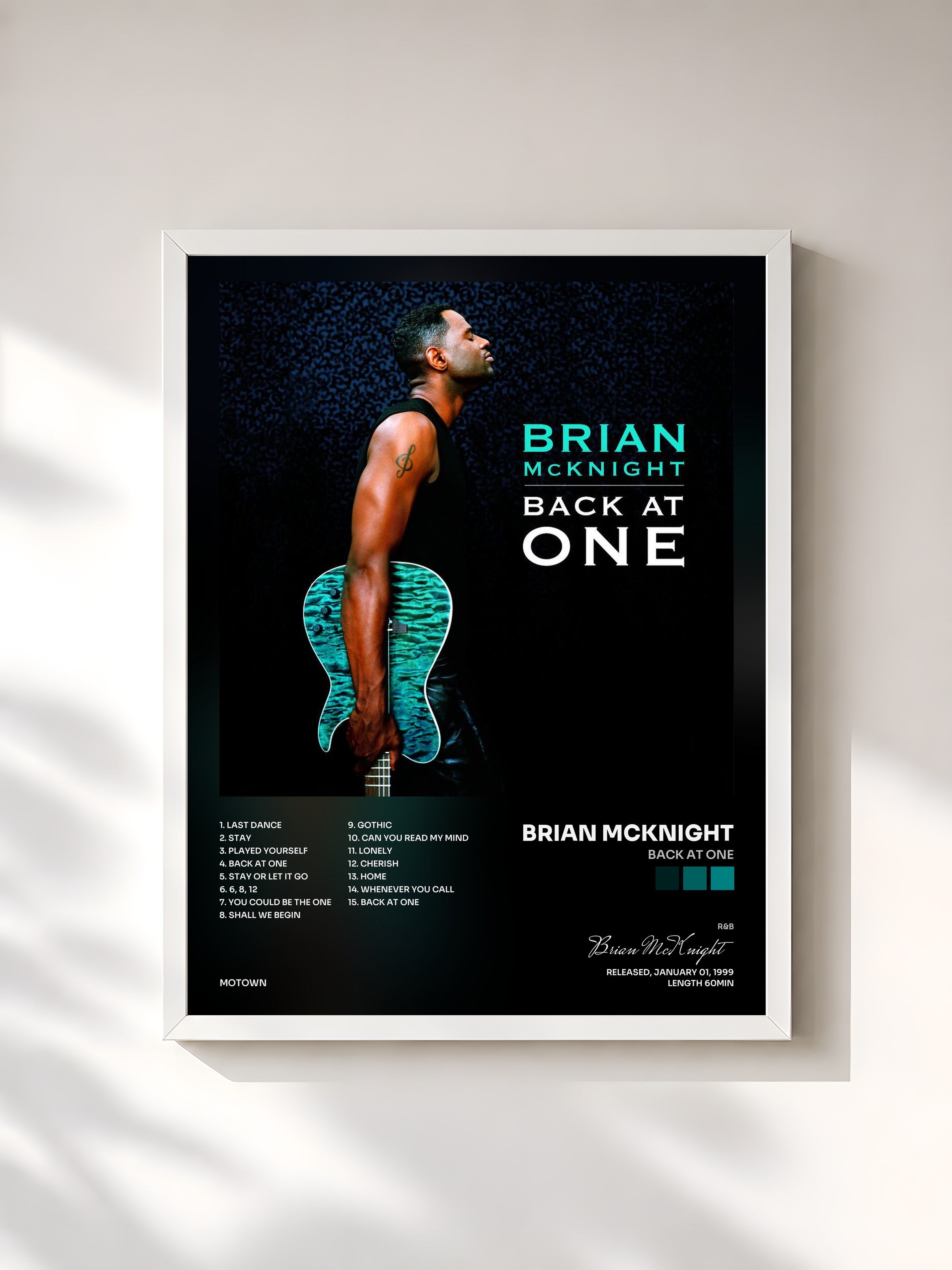 #blanc Tableau de l'album Back At One de Brian McKnight, cadre blanc, imprimé et encadré en France