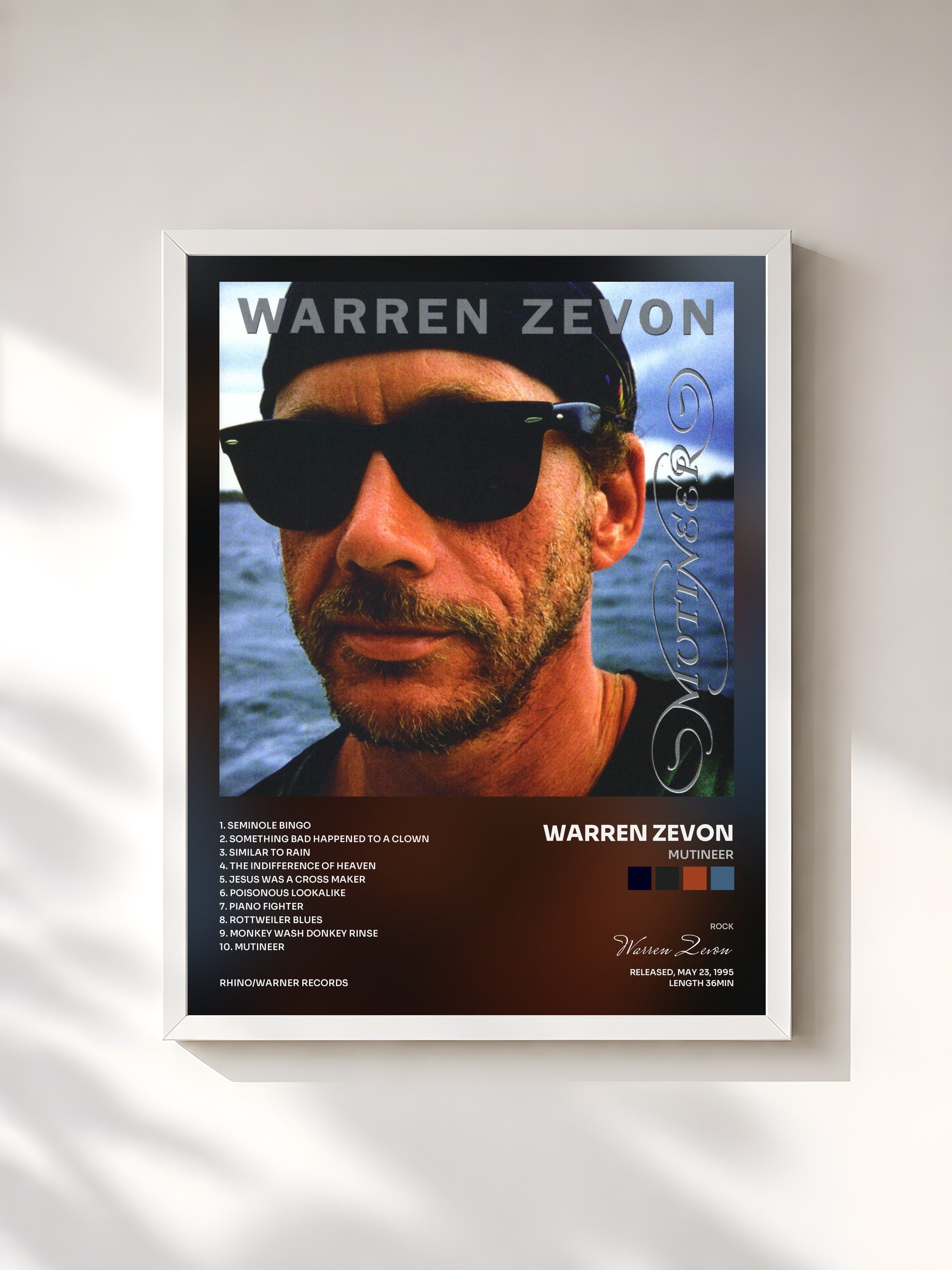 #blanc Tableau de l'album Mutineer de Warren Zevon, cadre blanc, imprimé et encadré en France
