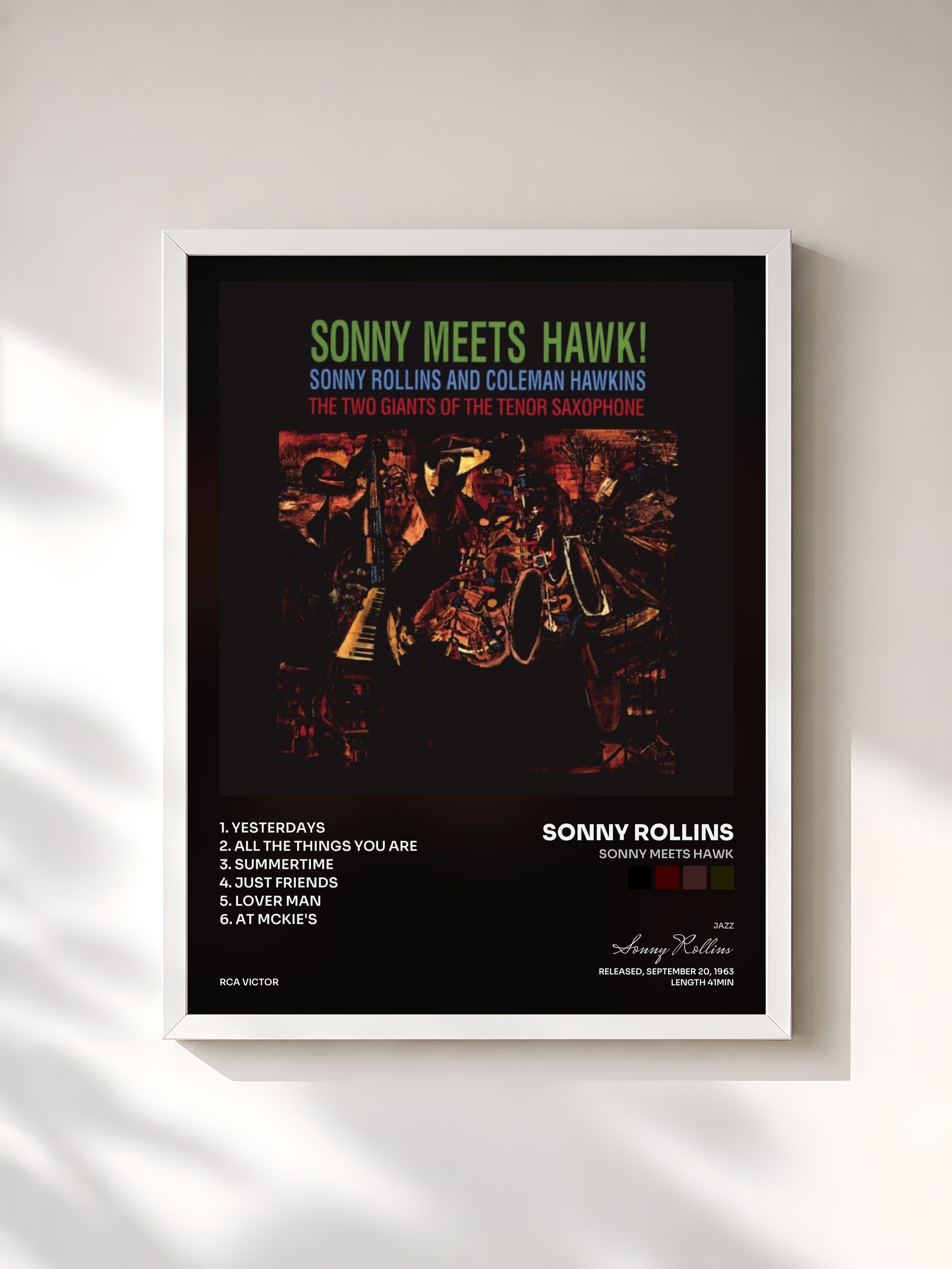 #blanc Tableau de l'album Sonny Meets Hawk de Sonny Rollins, cadre blanc, imprimé et encadré en France