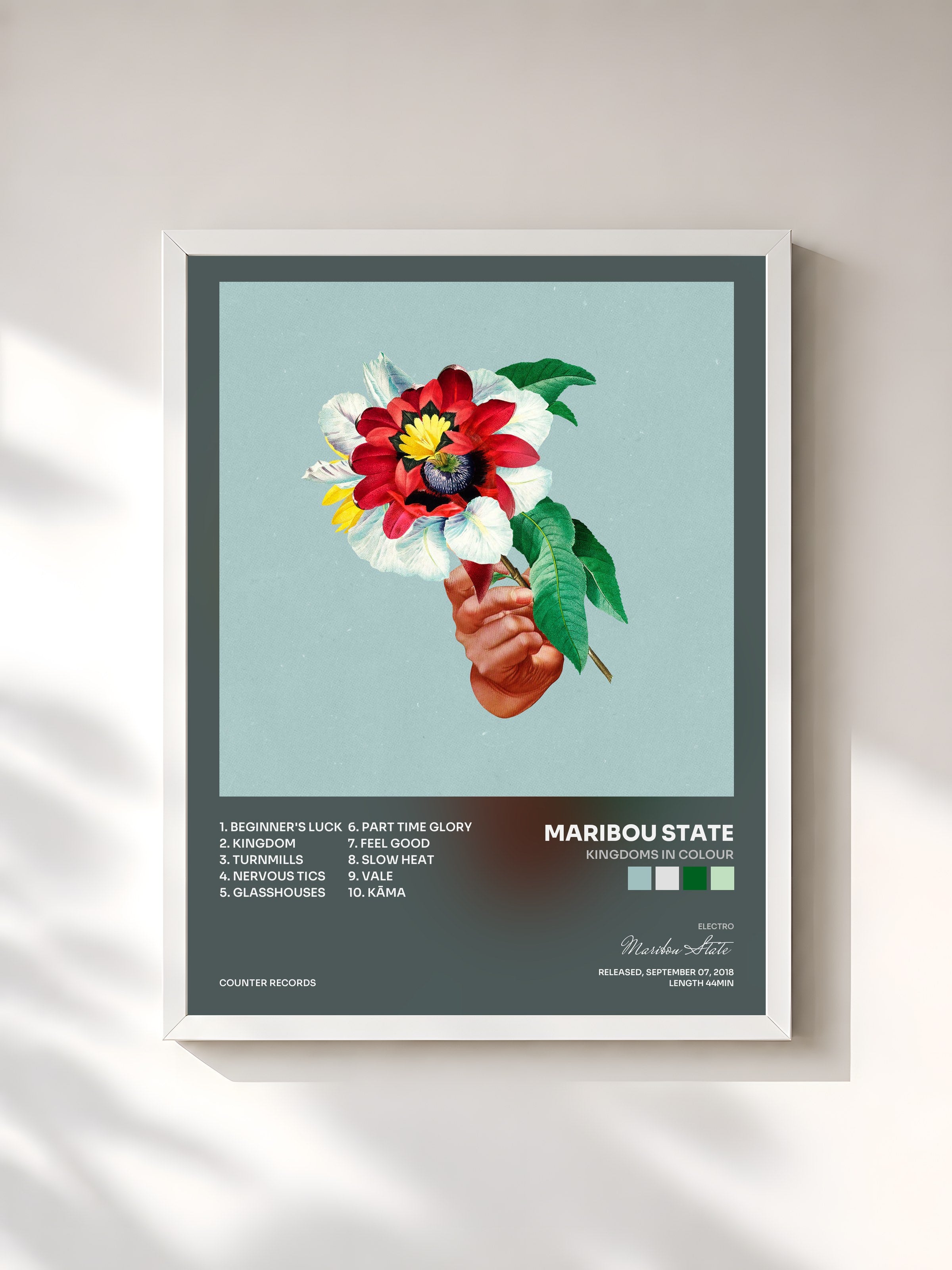 #blanc Tableau de l'album Kingdoms In Colour de Maribou State, cadre blanc, imprimé et encadré en France