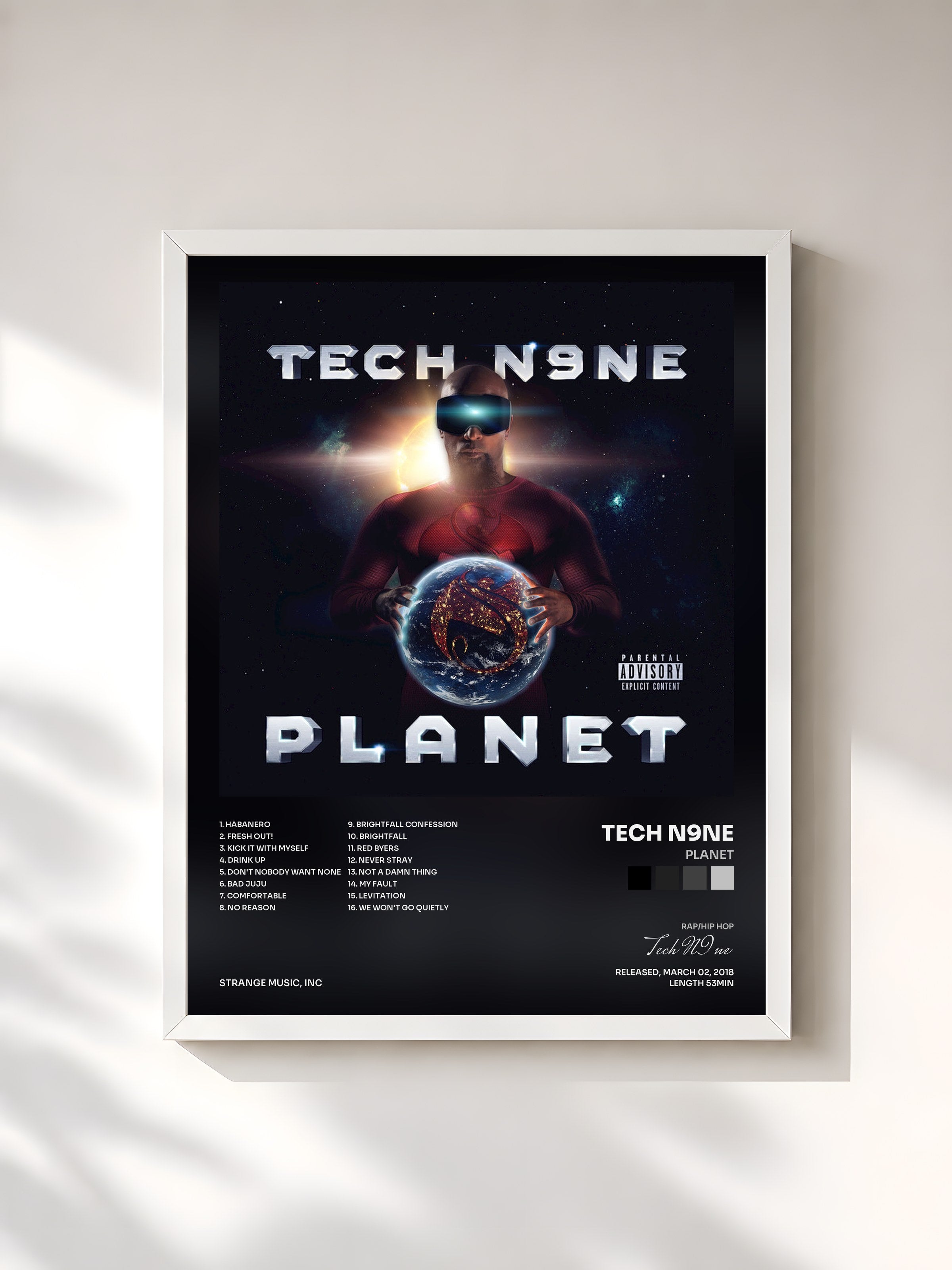 #blanc Tableau de l'album Planet de Tech N9ne, cadre blanc, imprimé et encadré en France