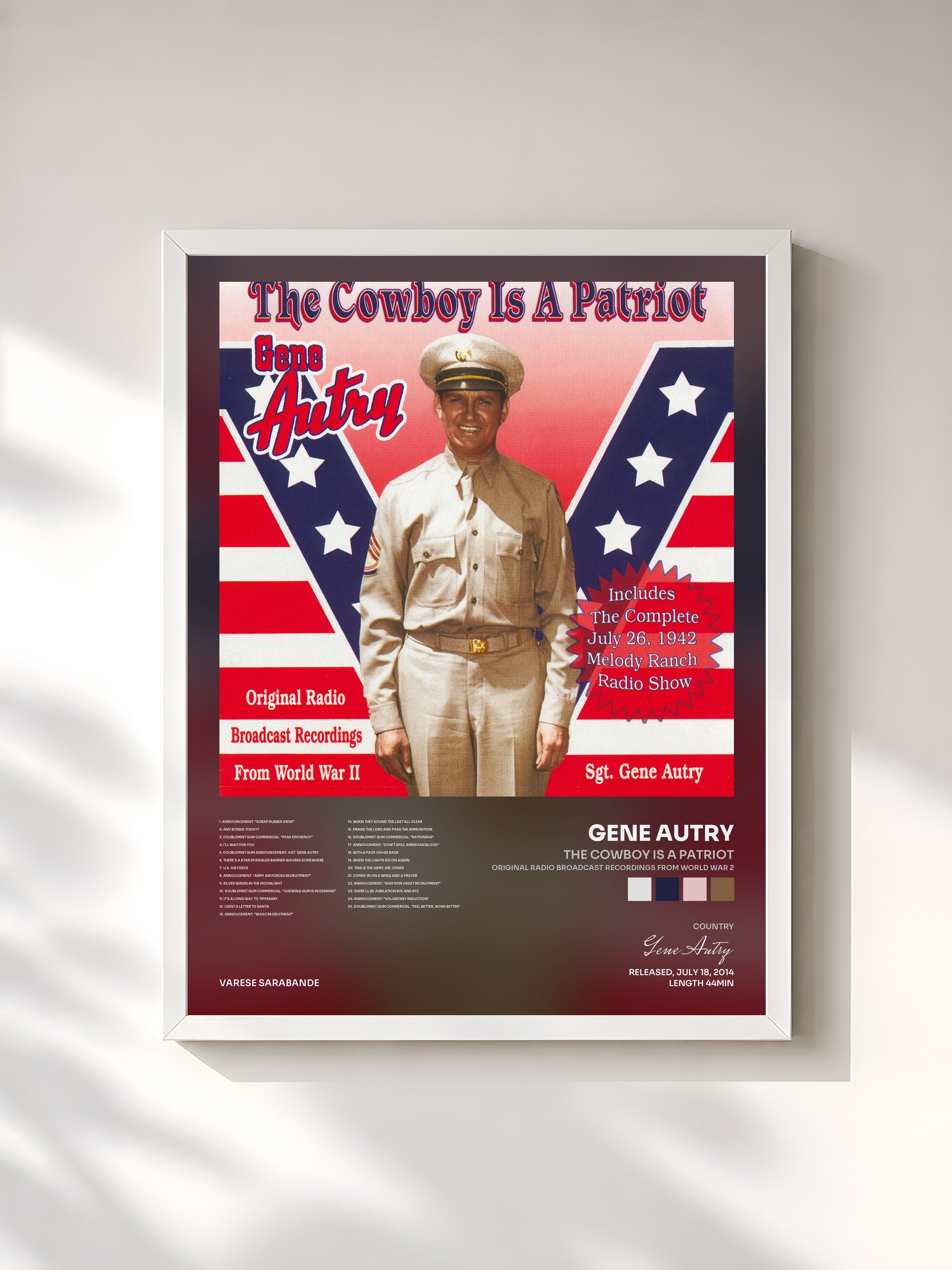 #blanc Tableau de l'album The Cowboy Is A Patriot (Original Radio Broadcast Recordings From World War 2) de Gene Autry, cadre blanc, imprimé et encadré en France