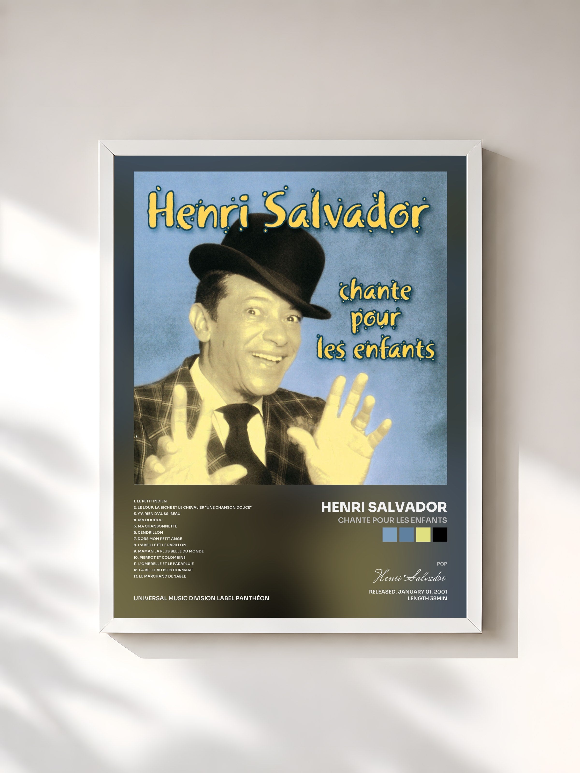 #blanc Tableau de l'album Chante Pour Les Enfants de Henri Salvador, cadre blanc, imprimé et encadré en France
