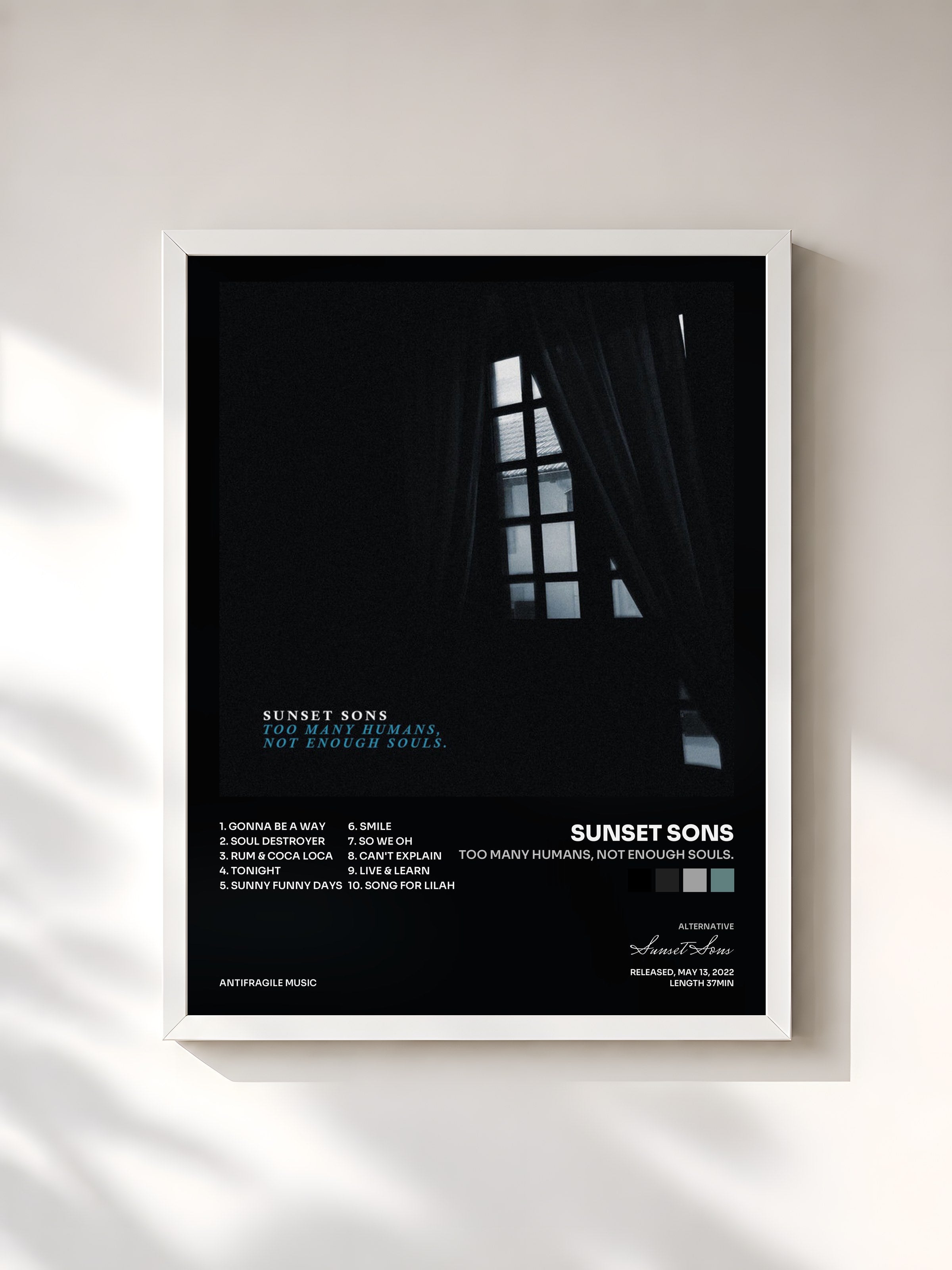 #blanc Tableau de l'album Too Many Humans, Not Enough Souls. de Sunset Sons, cadre blanc, imprimé et encadré en France