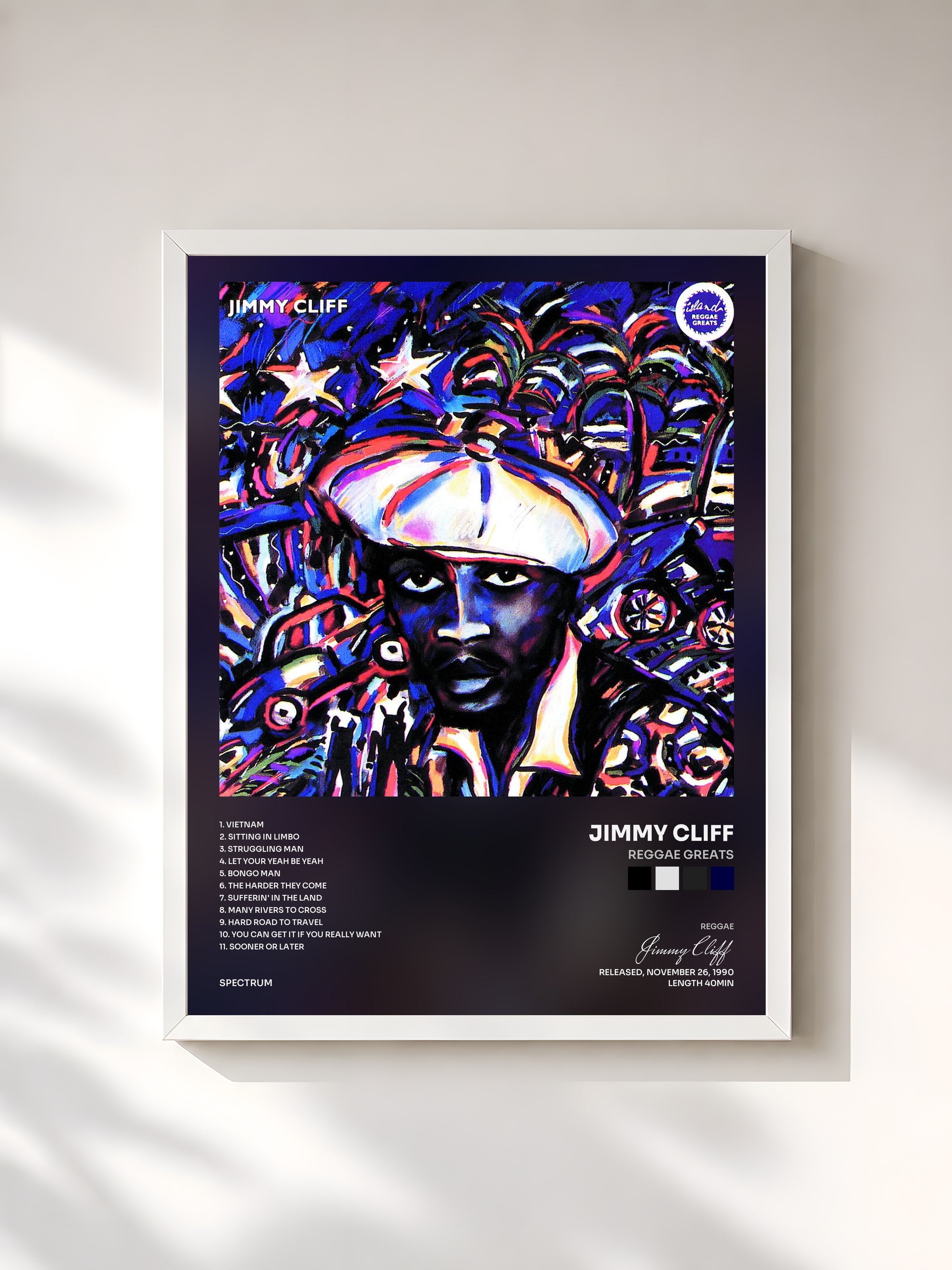 #blanc Tableau de l'album Reggae Greats de Jimmy Cliff, cadre blanc, imprimé et encadré en France