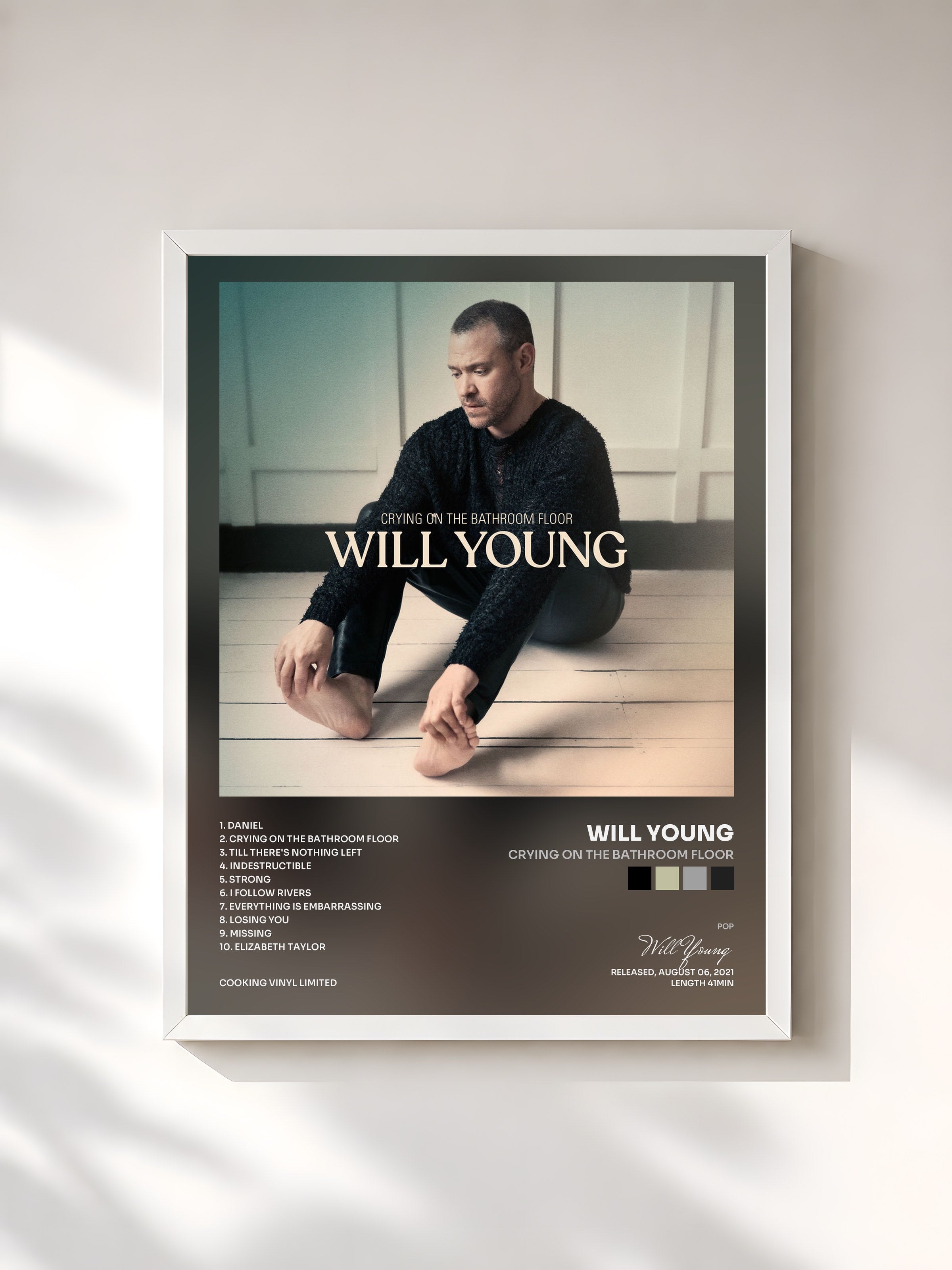 #blanc Tableau de l'album Crying on the Bathroom Floor de Will Young, cadre blanc, imprimé et encadré en France