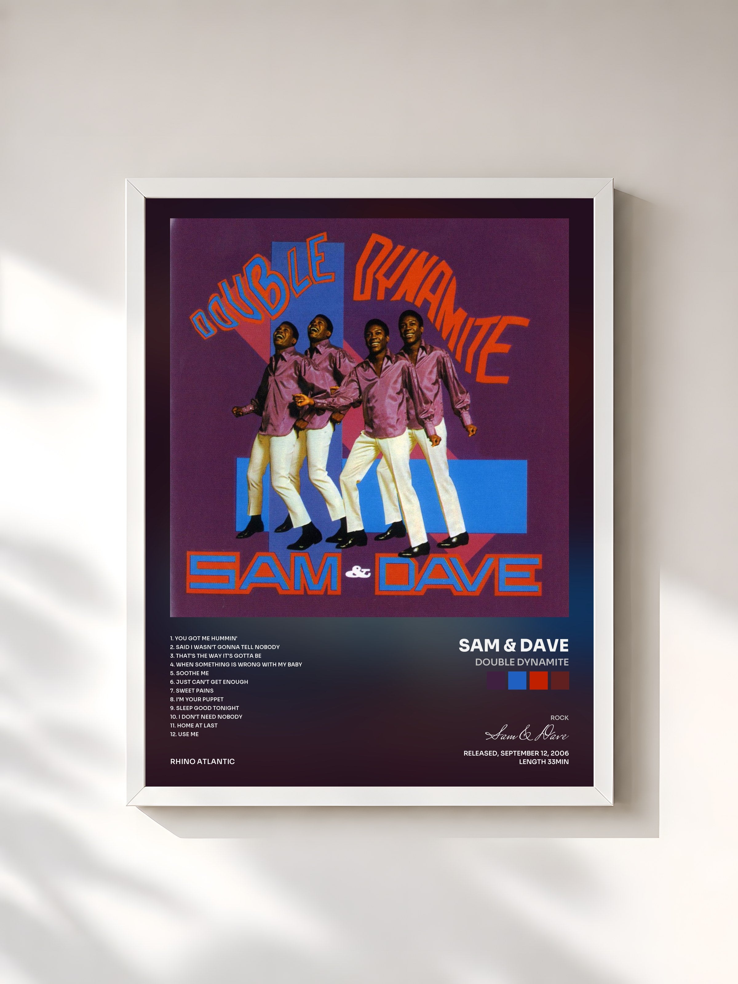 #blanc Tableau de l'album Double Dynamite de Sam & Dave, cadre blanc, imprimé et encadré en France