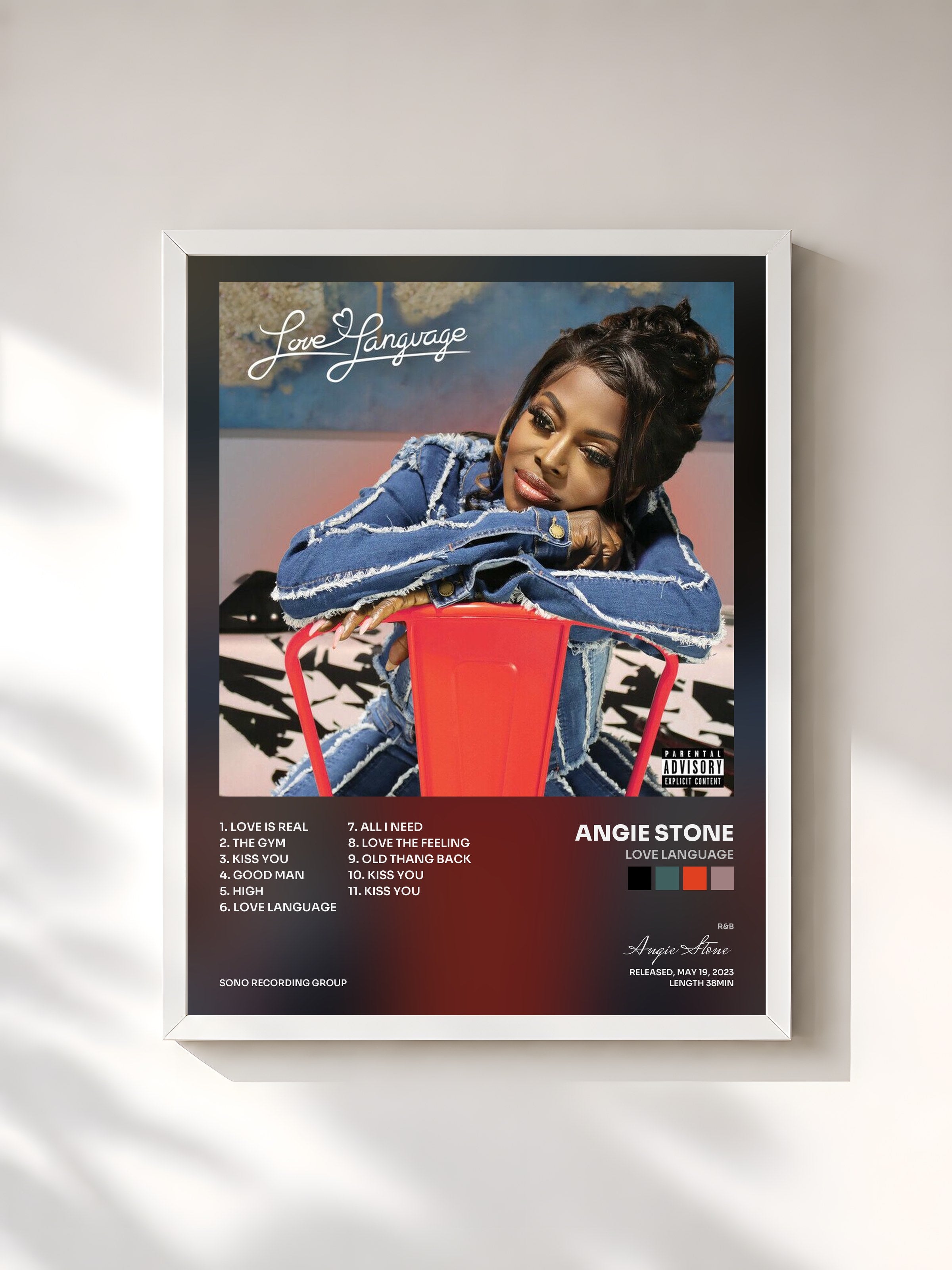 #blanc Tableau de l'album Love Language de Angie Stone, cadre blanc, imprimé et encadré en France