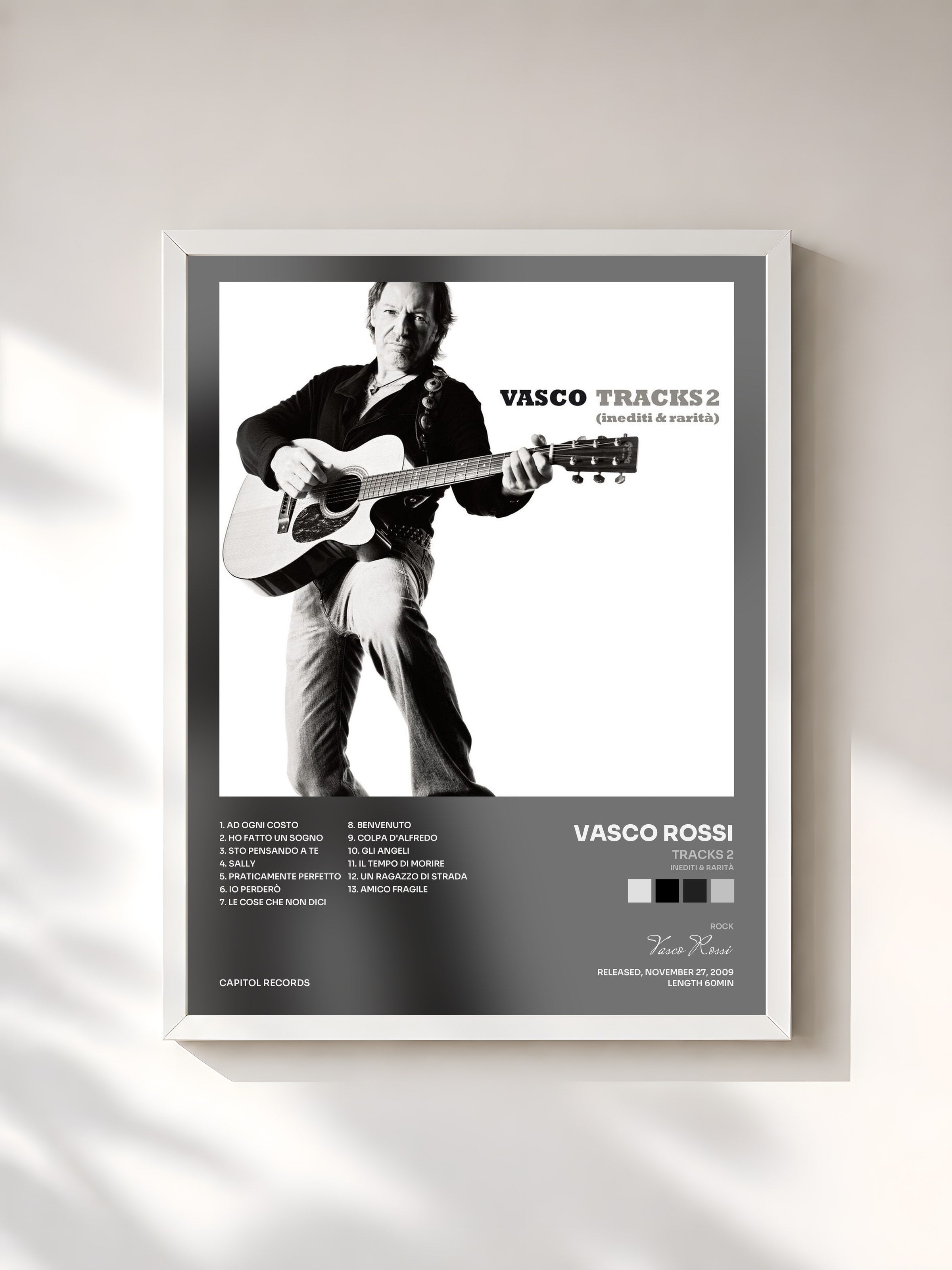 #blanc Tableau de l'album Tracks 2 (Inediti & Rarità) de Vasco Rossi, cadre blanc, imprimé et encadré en France
