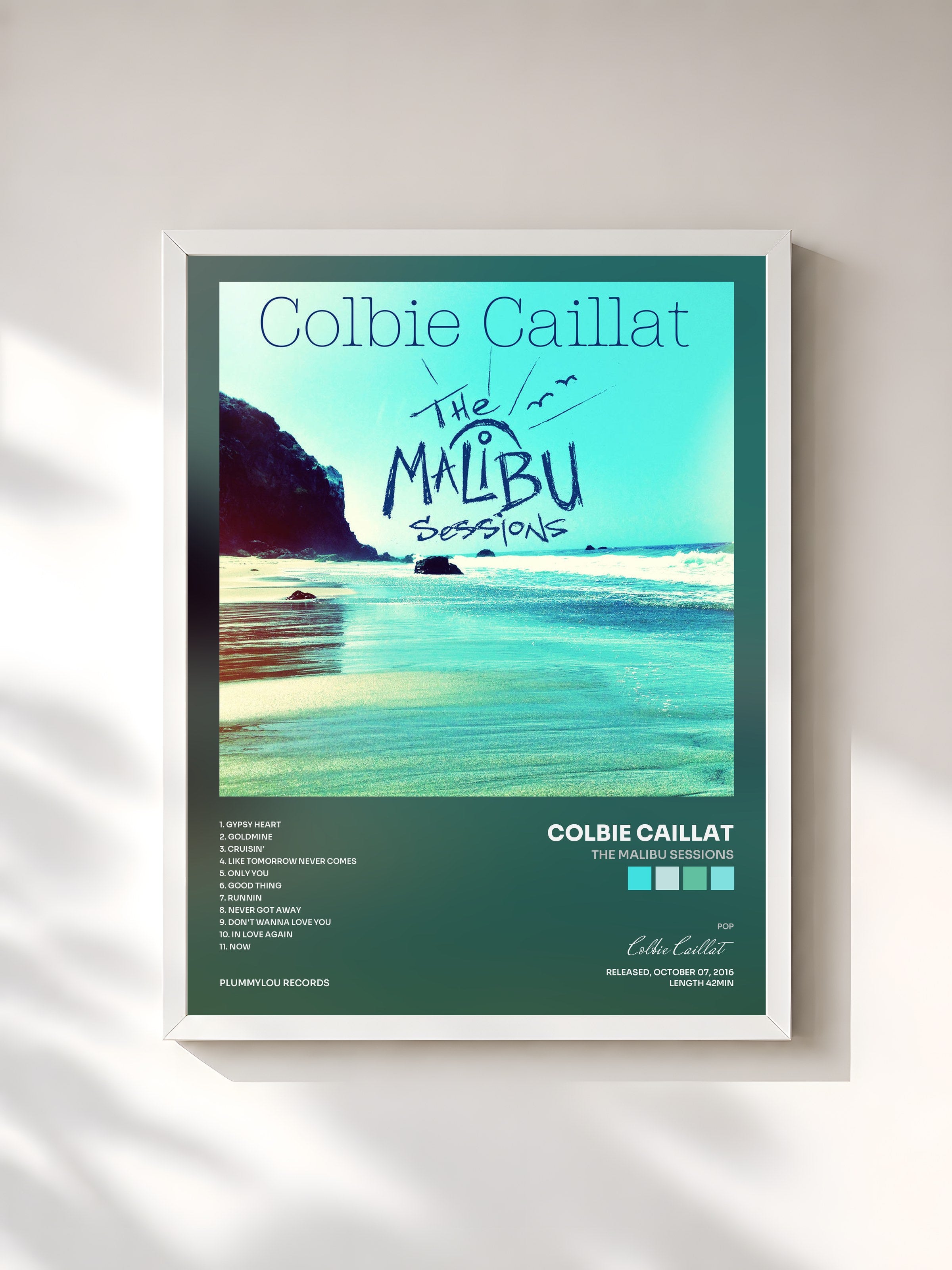 #blanc Tableau de l'album The Malibu Sessions de Colbie Caillat, cadre blanc, imprimé et encadré en France