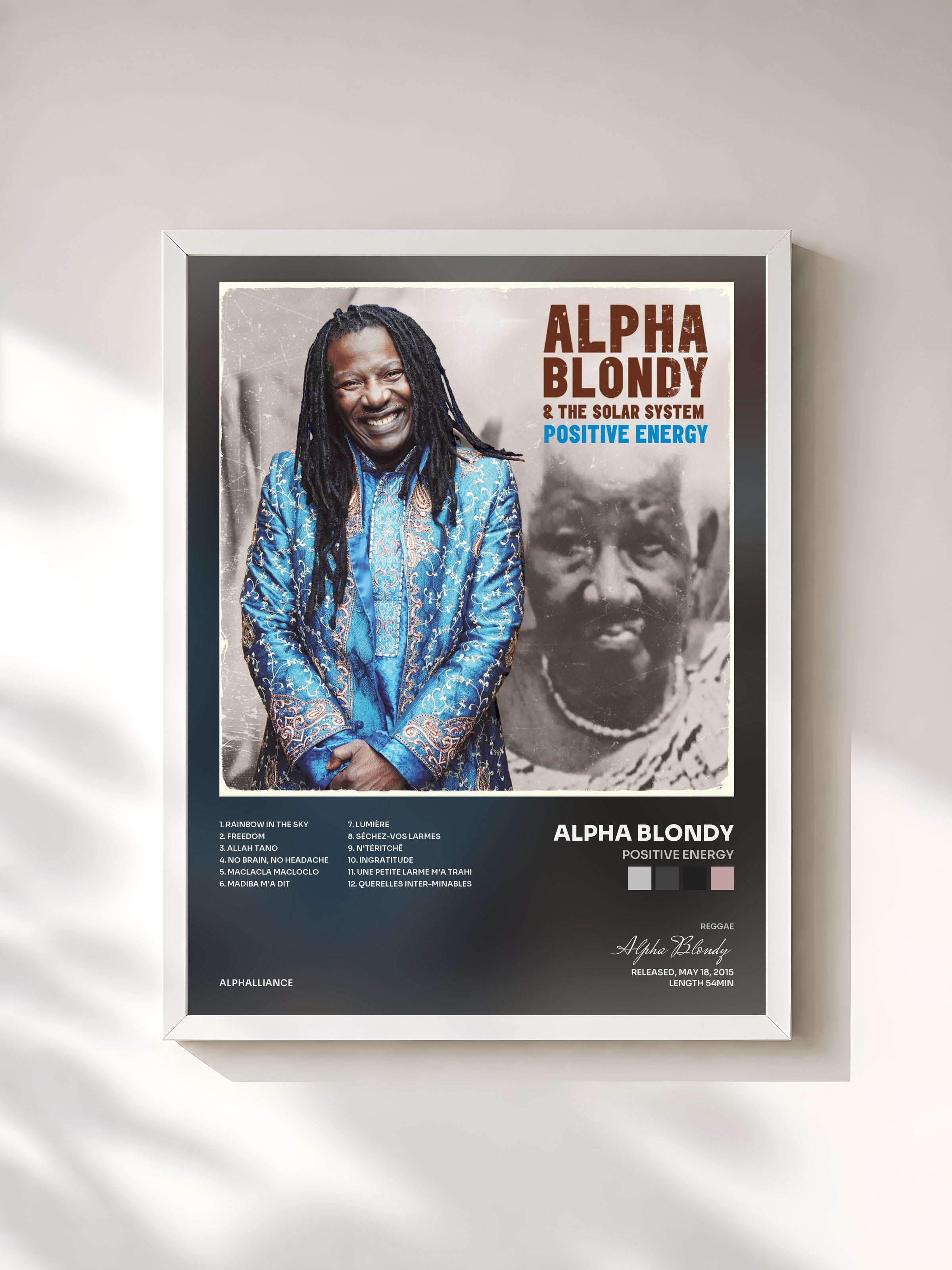 #blanc Tableau de l'album Positive Energy de Alpha Blondy, cadre blanc, imprimé et encadré en France