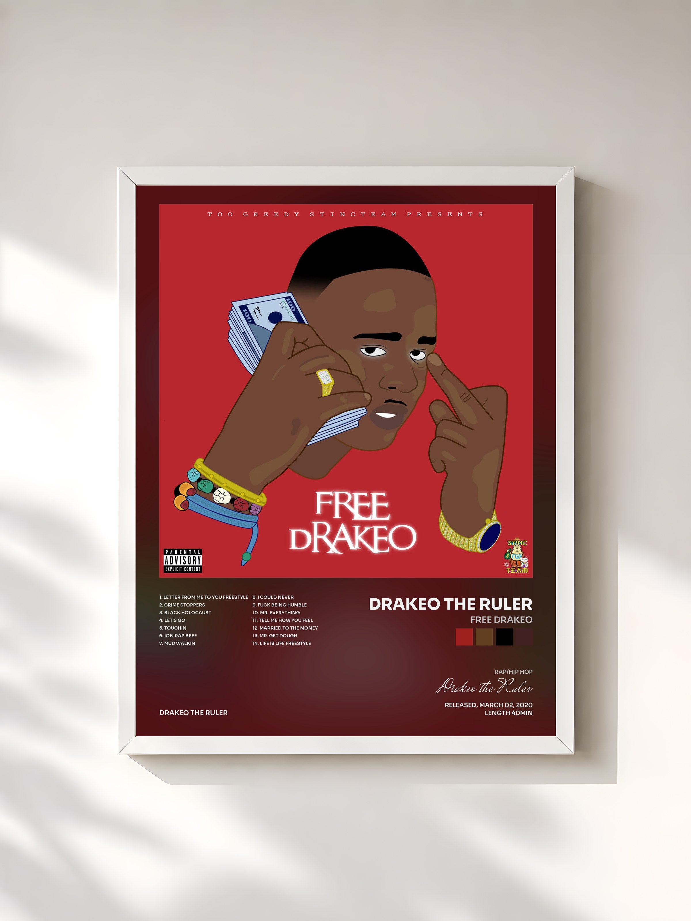 #blanc Tableau de l'album Free Drakeo de Drakeo the Ruler, cadre blanc, imprimé et encadré en France