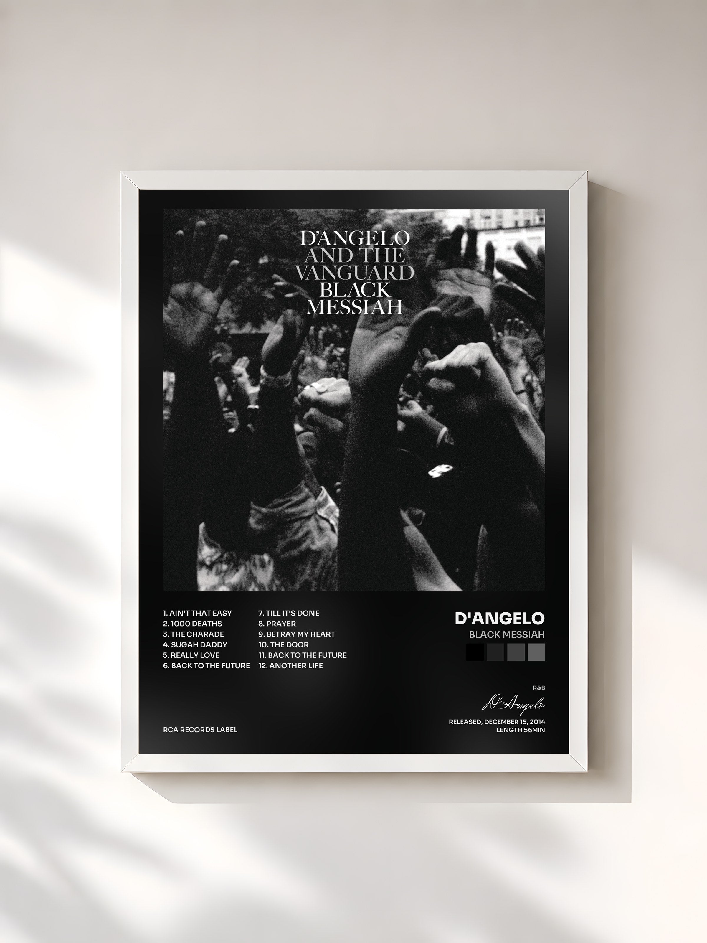 #blanc Tableau de l'album Black Messiah de D'Angelo, cadre blanc, imprimé et encadré en France
