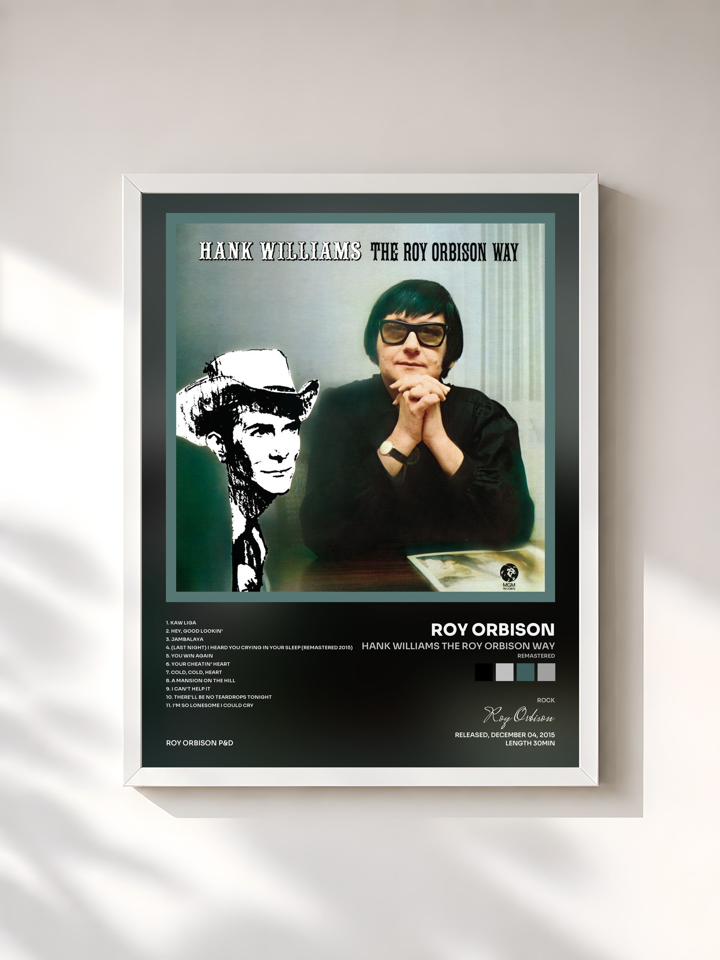 #blanc Tableau de l'album Hank Williams The Roy Orbison Way (Remastered) de Roy Orbison, cadre blanc, imprimé et encadré en France
