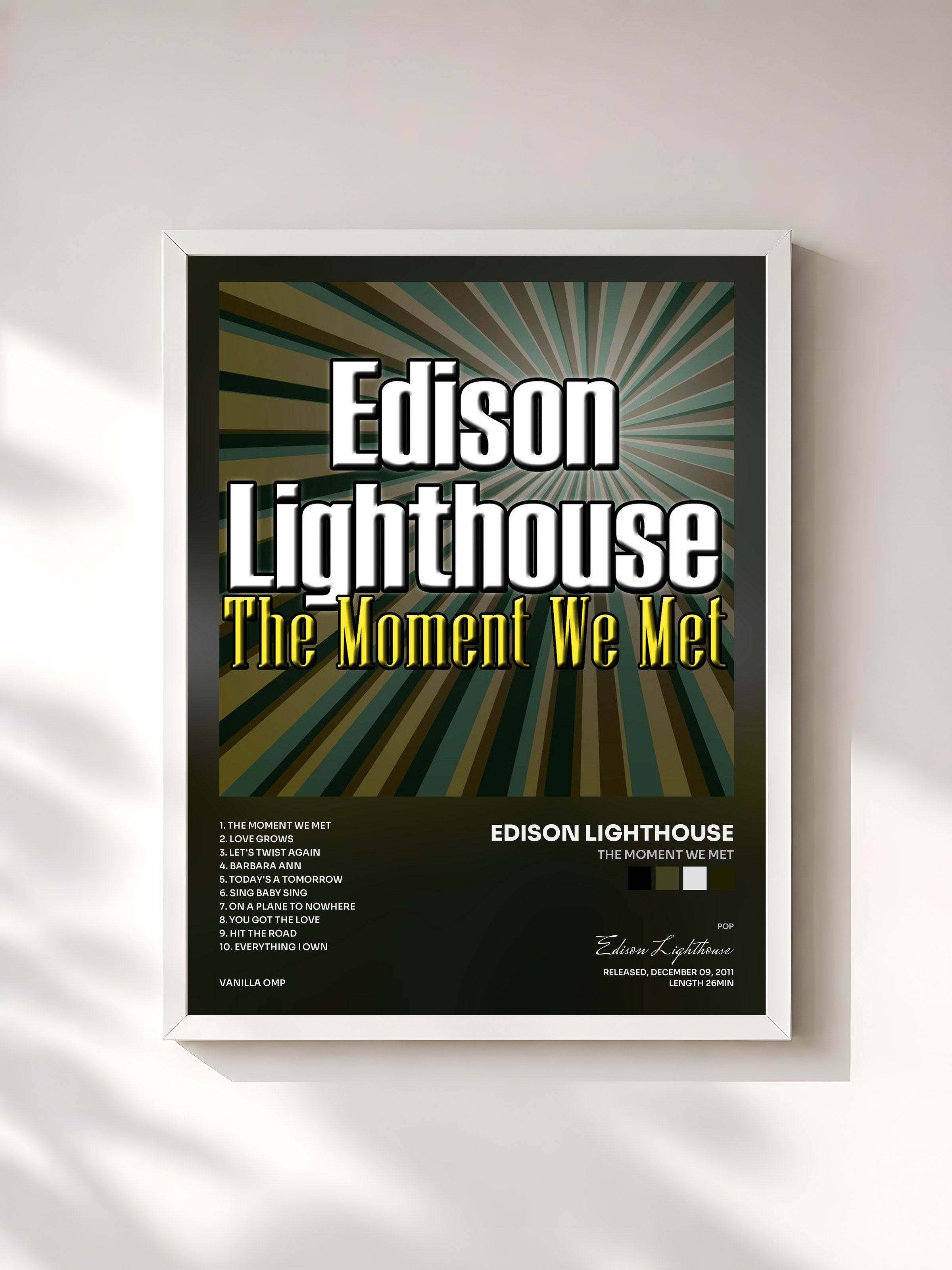 #blanc Tableau de l'album The Moment We Met de Edison Lighthouse, cadre blanc, imprimé et encadré en France